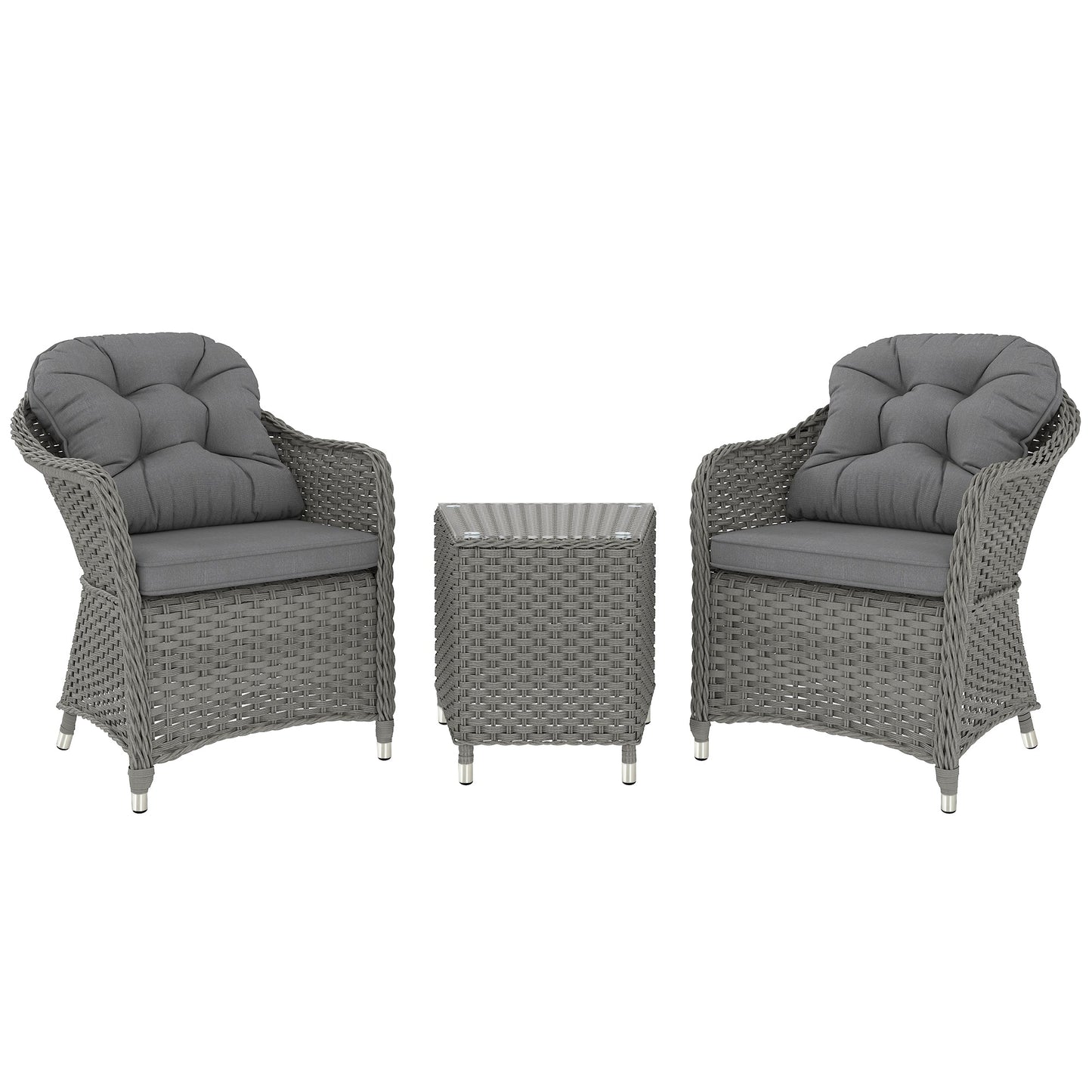 3 Pieces Rattan Bistro Set, Wicker Garden Bistro Set, Glass Top Balcony Table and Chairs with Cushions for Outdoor, Patio, Balcony, Light Grey