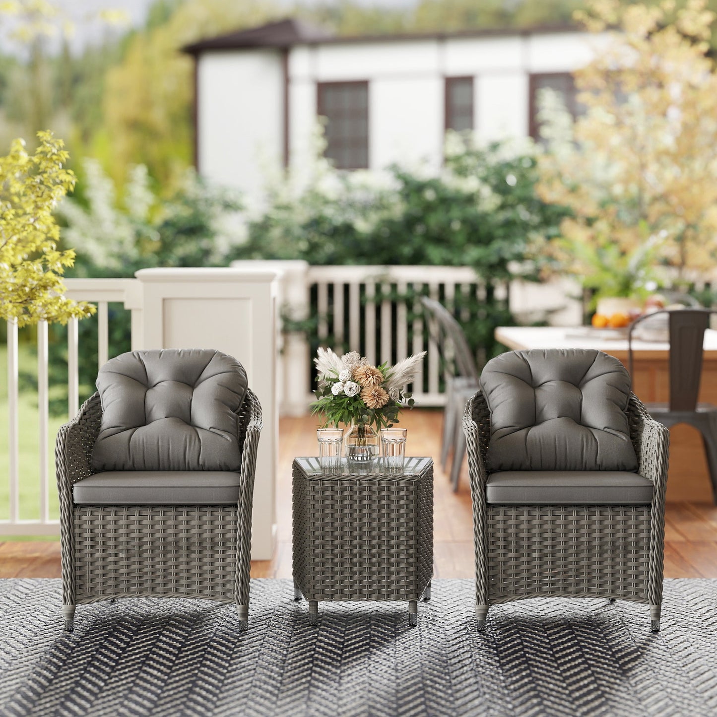 3 Pieces Rattan Bistro Set, Wicker Garden Bistro Set, Glass Top Balcony Table and Chairs with Cushions for Outdoor, Patio, Balcony, Light Grey