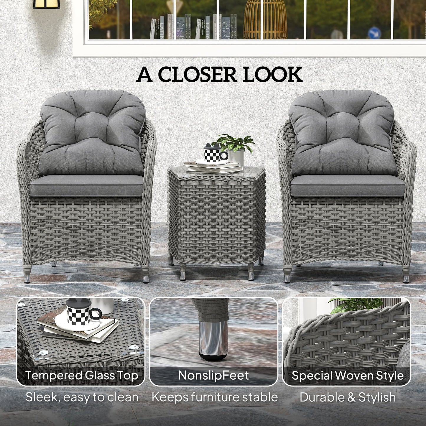 3 Pieces Rattan Bistro Set, Wicker Garden Bistro Set, Glass Top Balcony Table and Chairs with Cushions for Outdoor, Patio, Balcony, Light Grey