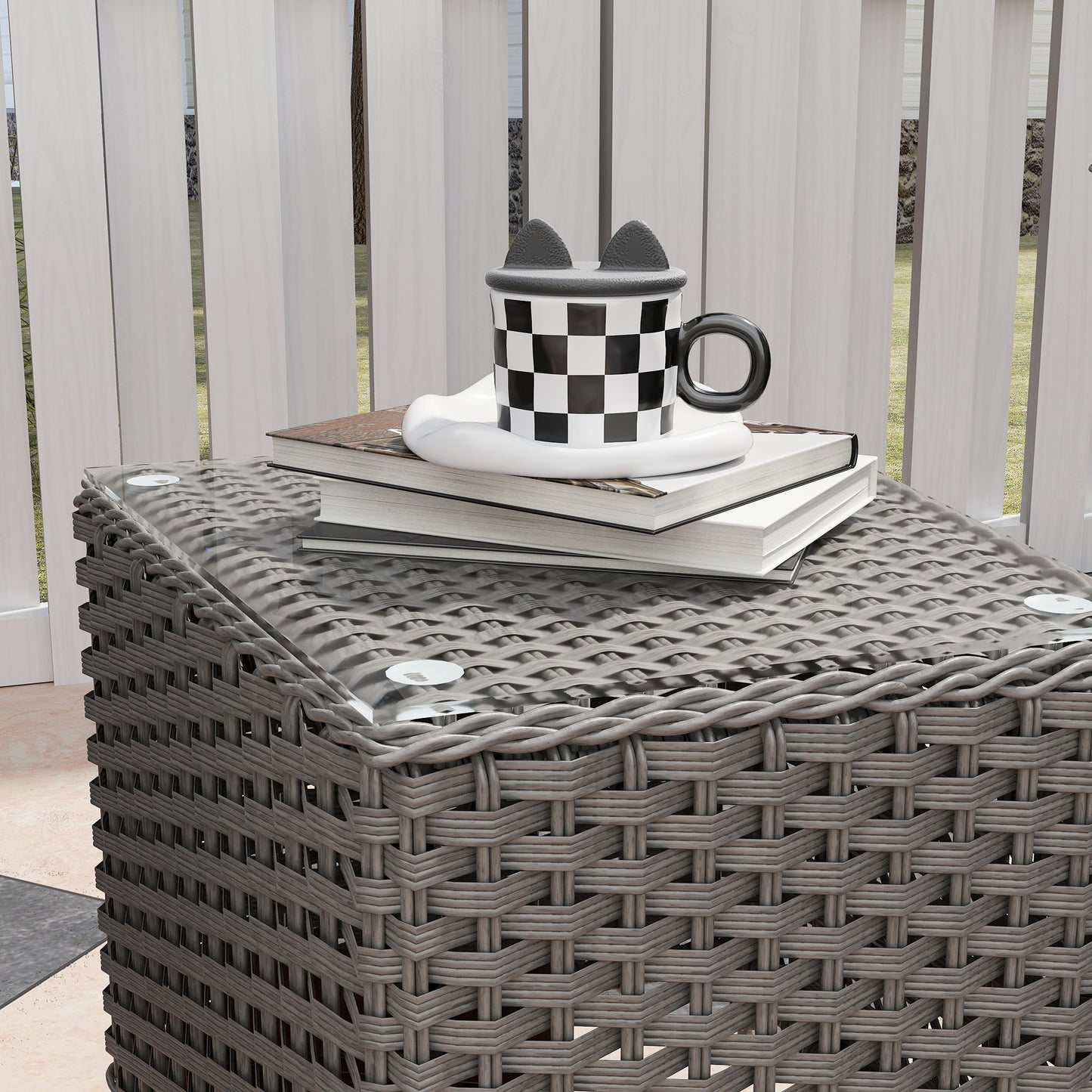3 Pieces Rattan Bistro Set, Wicker Garden Bistro Set, Glass Top Balcony Table and Chairs with Cushions for Outdoor, Patio, Balcony, Light Grey