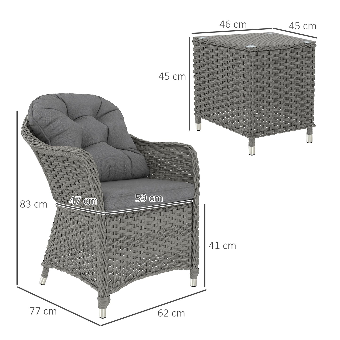 3 Pieces Rattan Bistro Set, Wicker Garden Bistro Set, Glass Top Balcony Table and Chairs with Cushions for Outdoor, Patio, Balcony, Light Grey