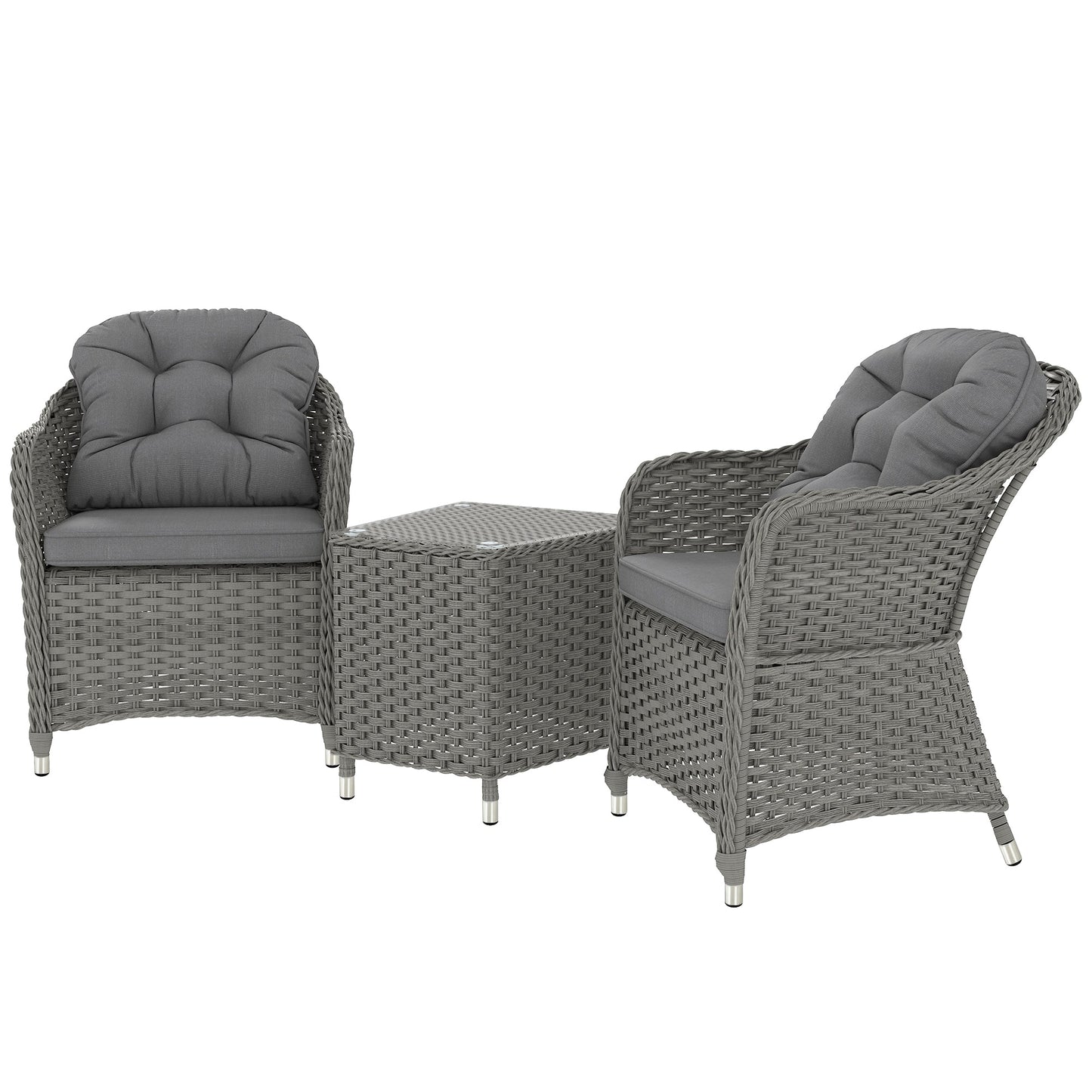 3 Pieces Rattan Bistro Set, Wicker Garden Bistro Set, Glass Top Balcony Table and Chairs with Cushions for Outdoor, Patio, Balcony, Light Grey