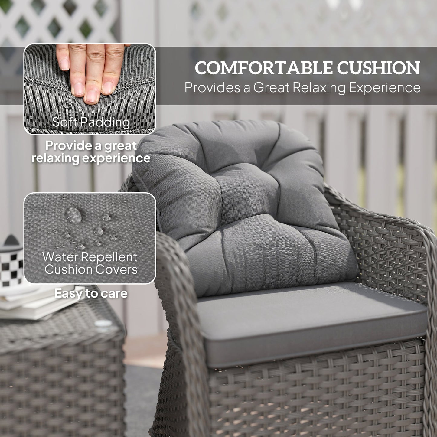 3 Pieces Rattan Bistro Set, Wicker Garden Bistro Set, Glass Top Balcony Table and Chairs with Cushions for Outdoor, Patio, Balcony, Light Grey