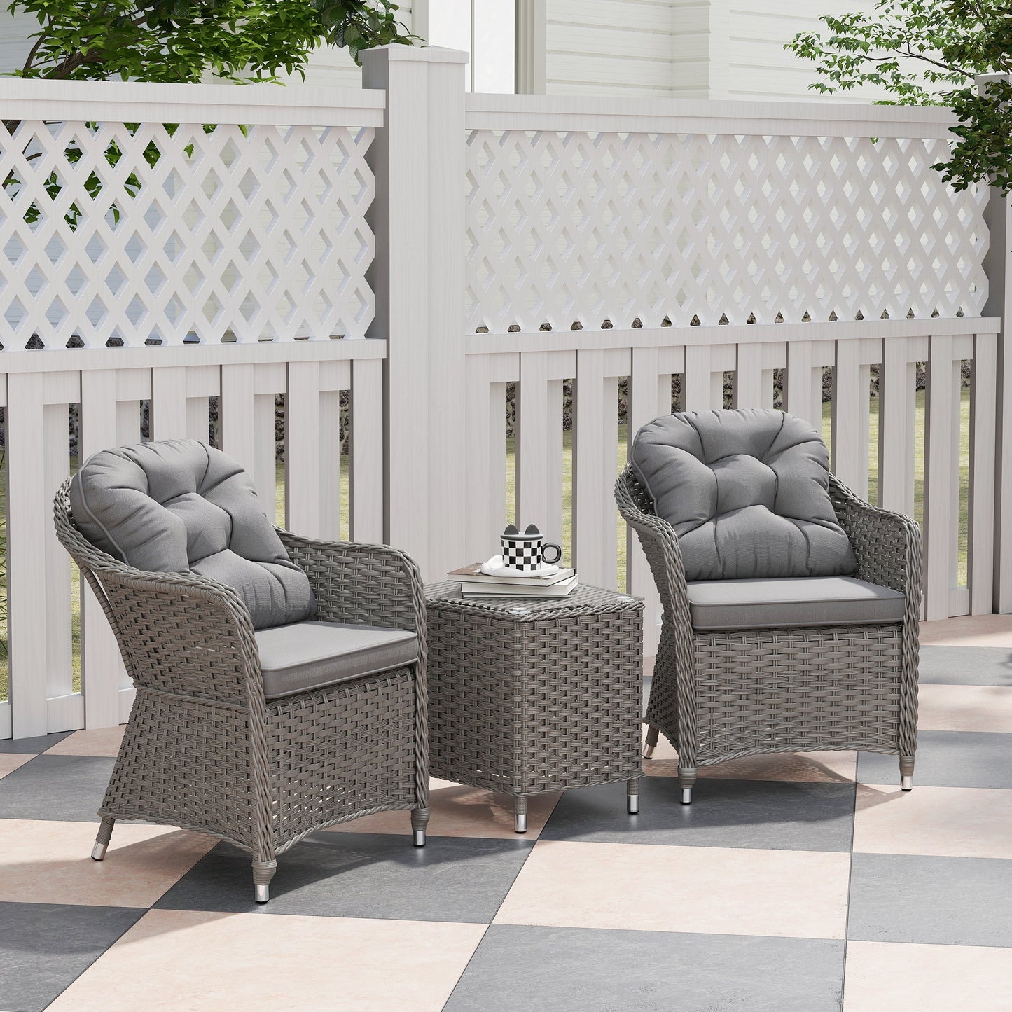 3 Pieces Rattan Bistro Set, Wicker Garden Bistro Set, Glass Top Balcony Table and Chairs with Cushions for Outdoor, Patio, Balcony, Light Grey