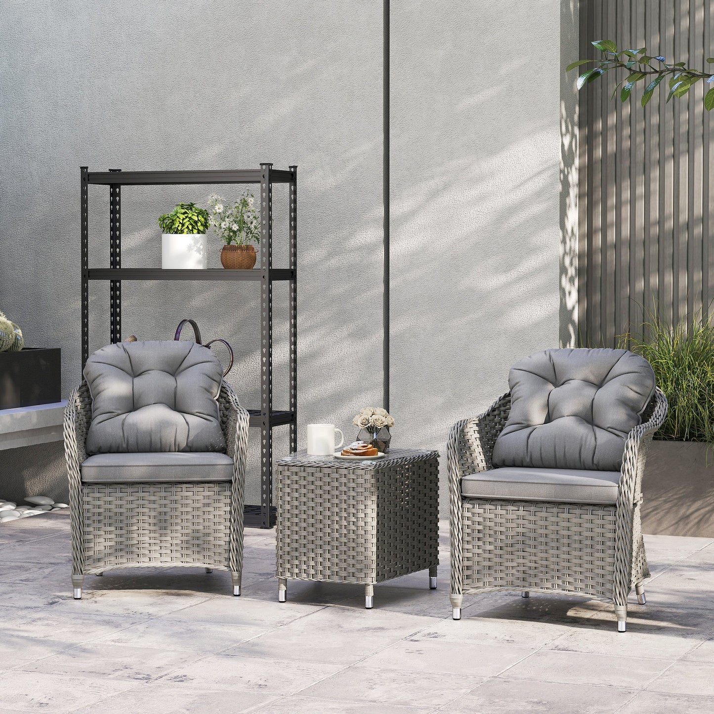 3 Pieces Rattan Bistro Set, Wicker Garden Bistro Set, Glass Top Balcony Table and Chairs with Cushions for Outdoor, Patio, Balcony, Light Grey
