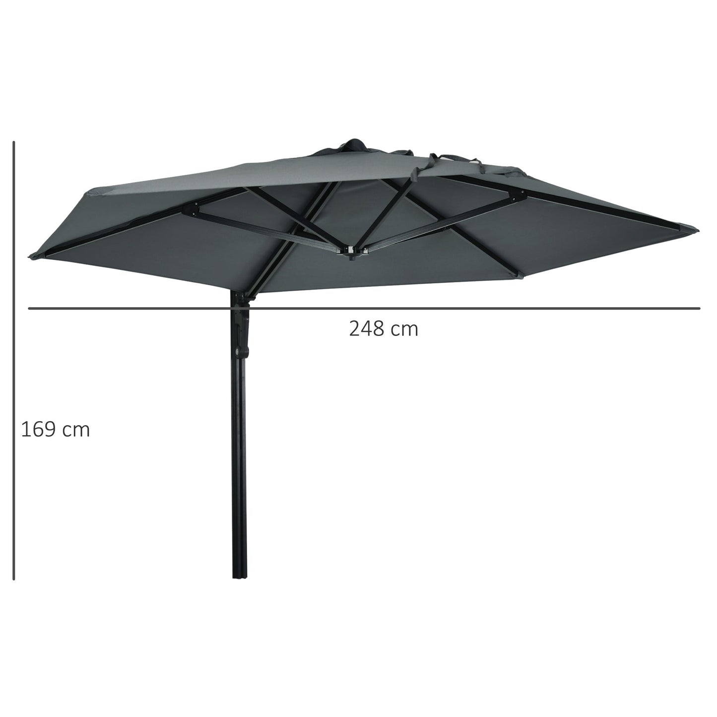2.5m Wall Mounted Parasol, Hand to Push Outdoor Patio Umbrella with 180 Degree Rotatable Canopy for Porch, Deck, Garden, 250 cm, Dark Grey