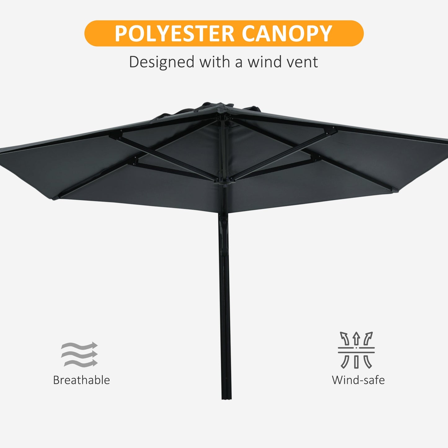 2.5m Wall Mounted Parasol, Hand to Push Outdoor Patio Umbrella with 180 Degree Rotatable Canopy for Porch, Deck, Garden, 250 cm, Dark Grey