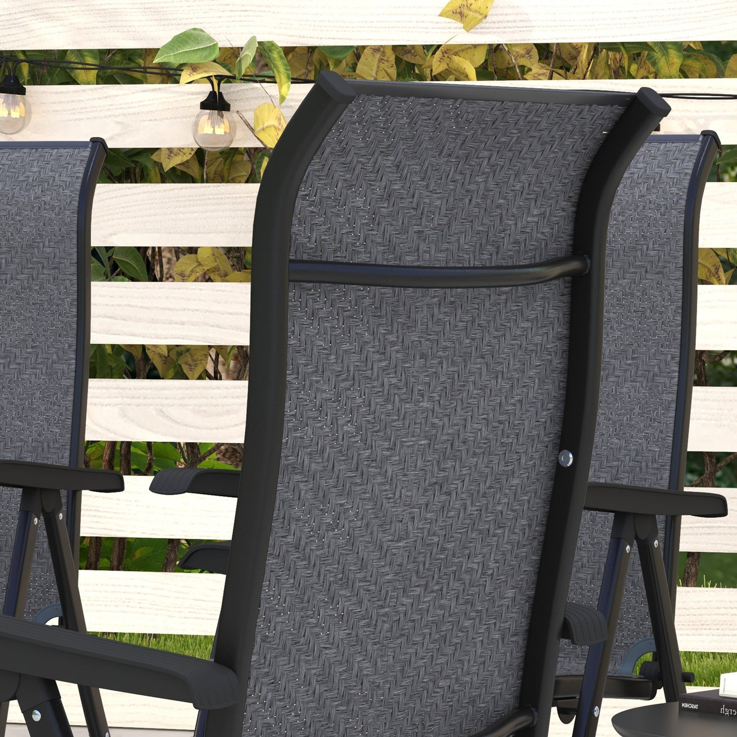 Set of 4 Outdoor Wicker Folding Chairs, Patio PE Rattan Dining Armrests Chair set with 7 Levels Adjustable Backrest, for Outdoors, Camping, Grey