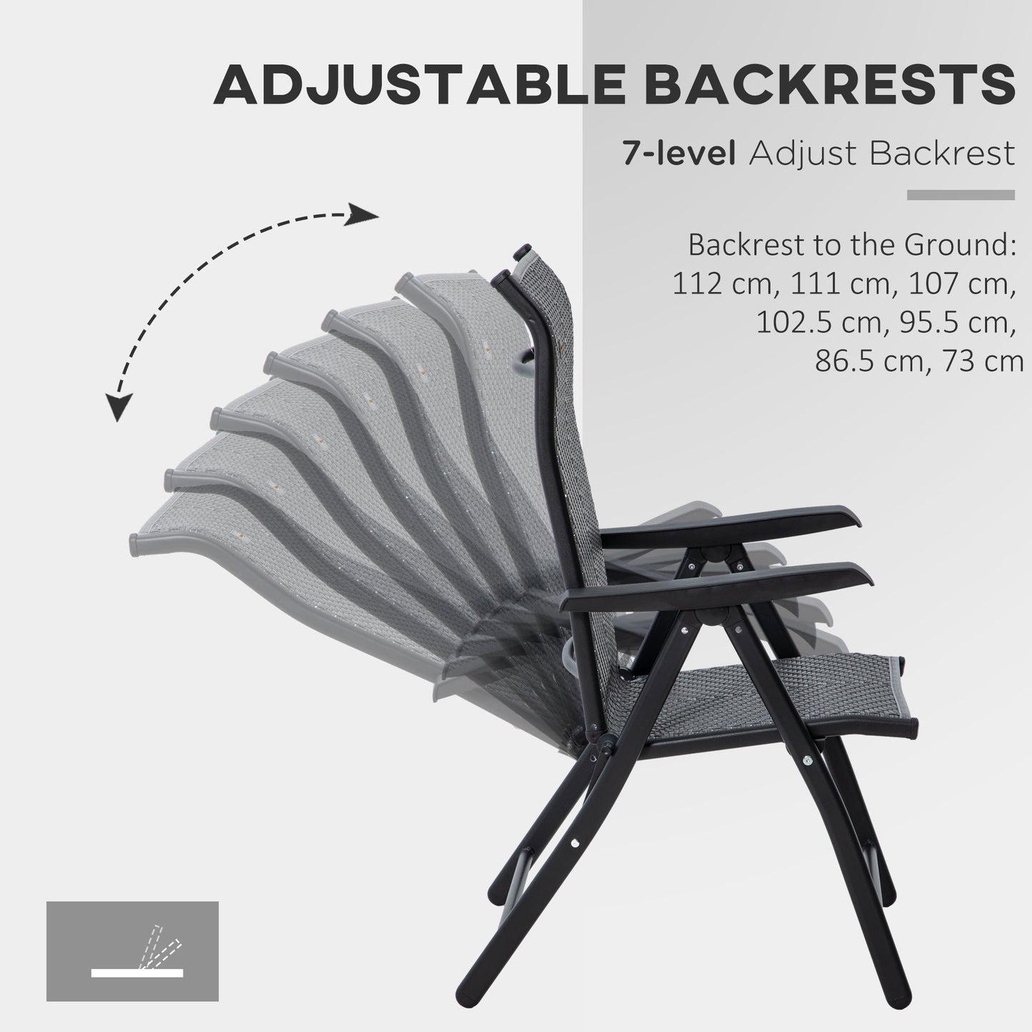 Set of 4 Outdoor Wicker Folding Chairs, Patio PE Rattan Dining Armrests Chair set with 7 Levels Adjustable Backrest, for Outdoors, Camping, Grey