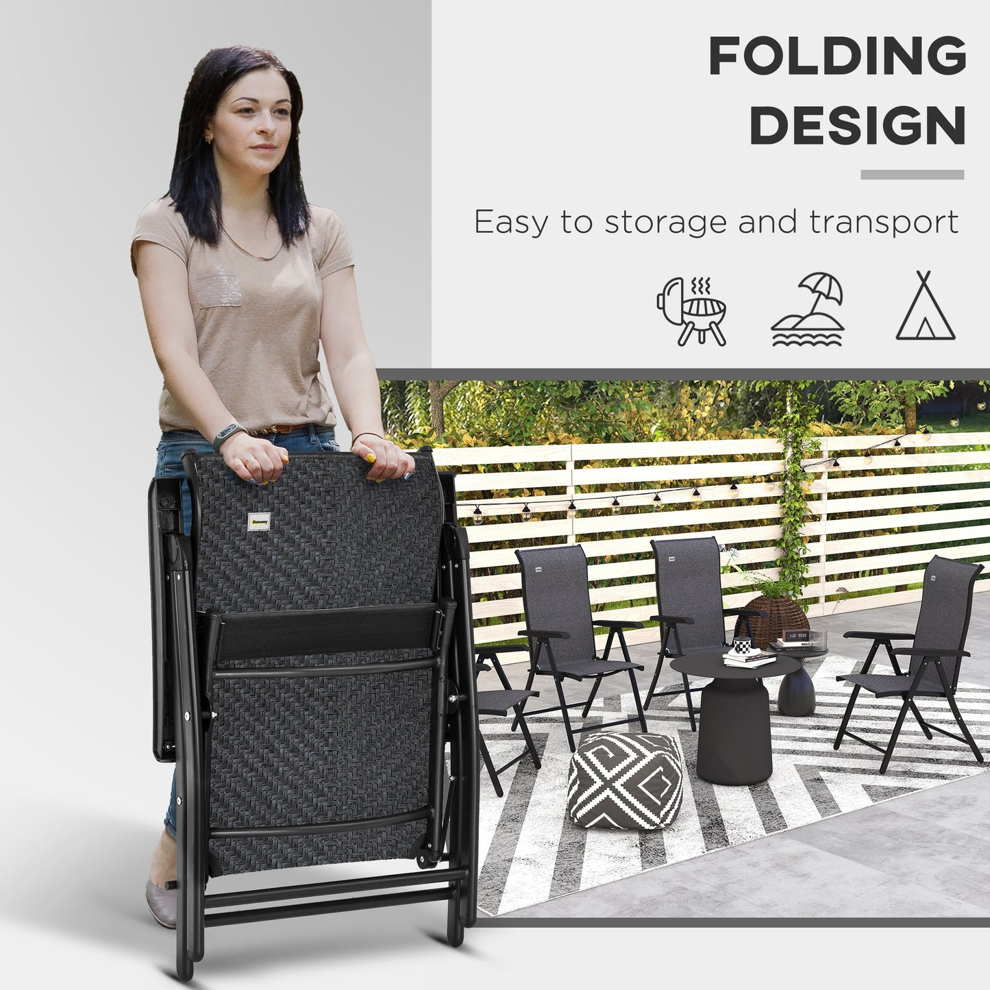 Set of 4 Outdoor Wicker Folding Chairs, Patio PE Rattan Dining Armrests Chair set with 7 Levels Adjustable Backrest, for Outdoors, Camping, Grey