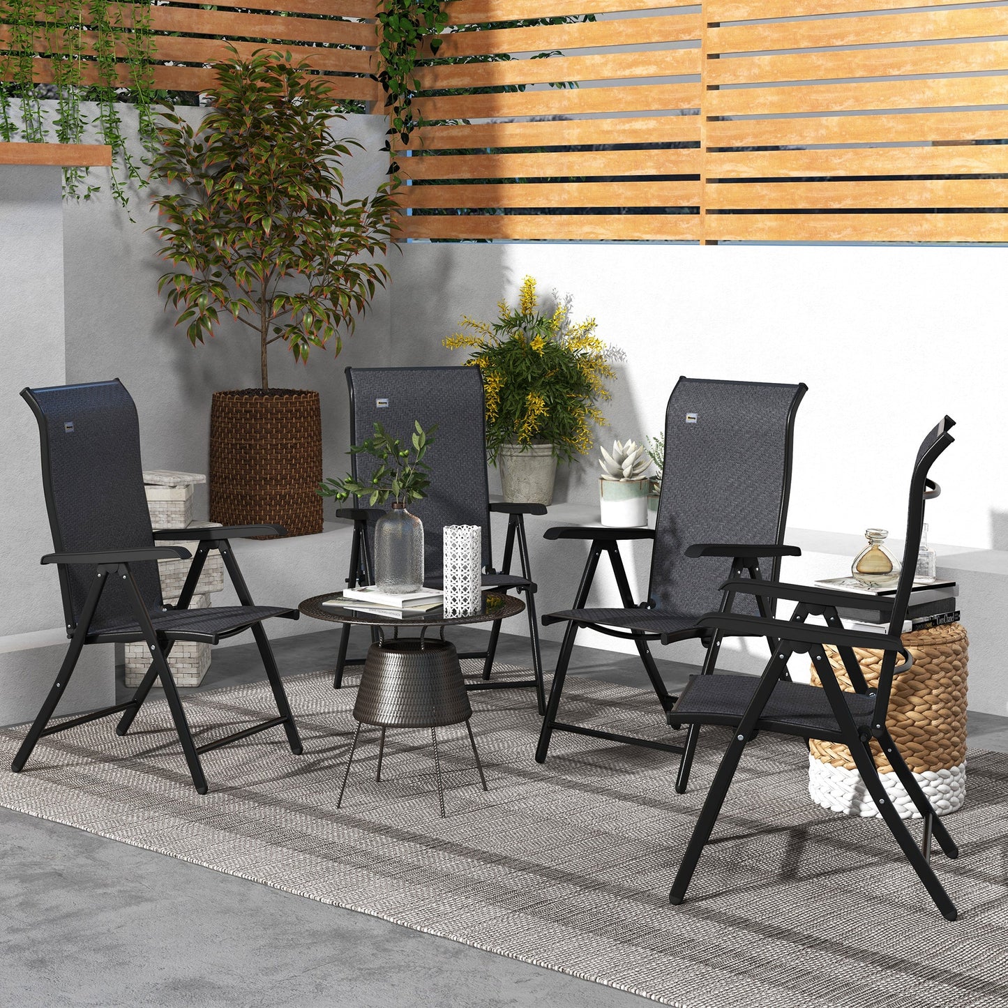 Set of 4 Outdoor Wicker Folding Chairs, Patio PE Rattan Dining Armrests Chair set with 7 Levels Adjustable Backrest, for Outdoors, Camping, Grey