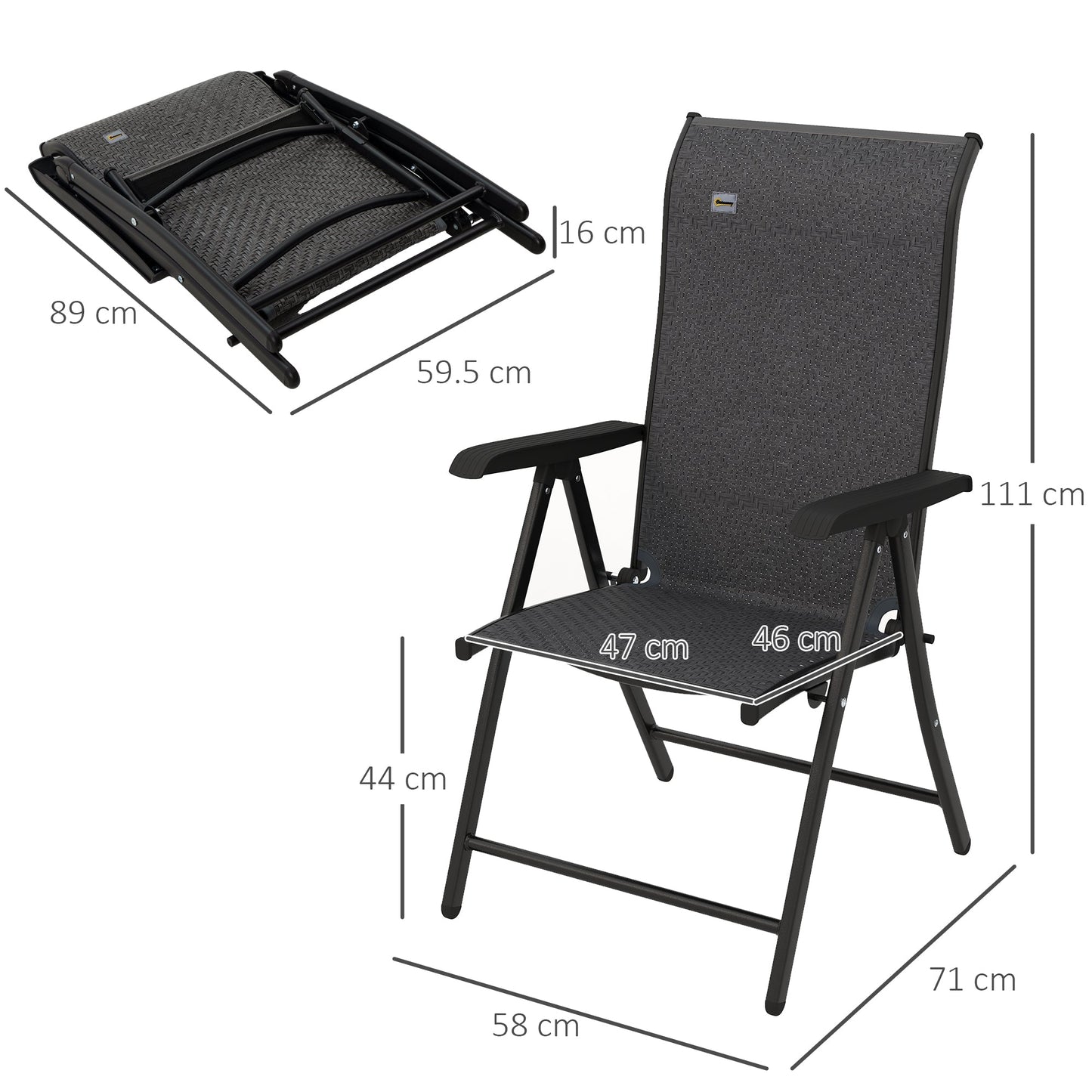 Set of 4 Outdoor Wicker Folding Chairs, Patio PE Rattan Dining Armrests Chair set with 7 Levels Adjustable Backrest, for Outdoors, Camping, Grey