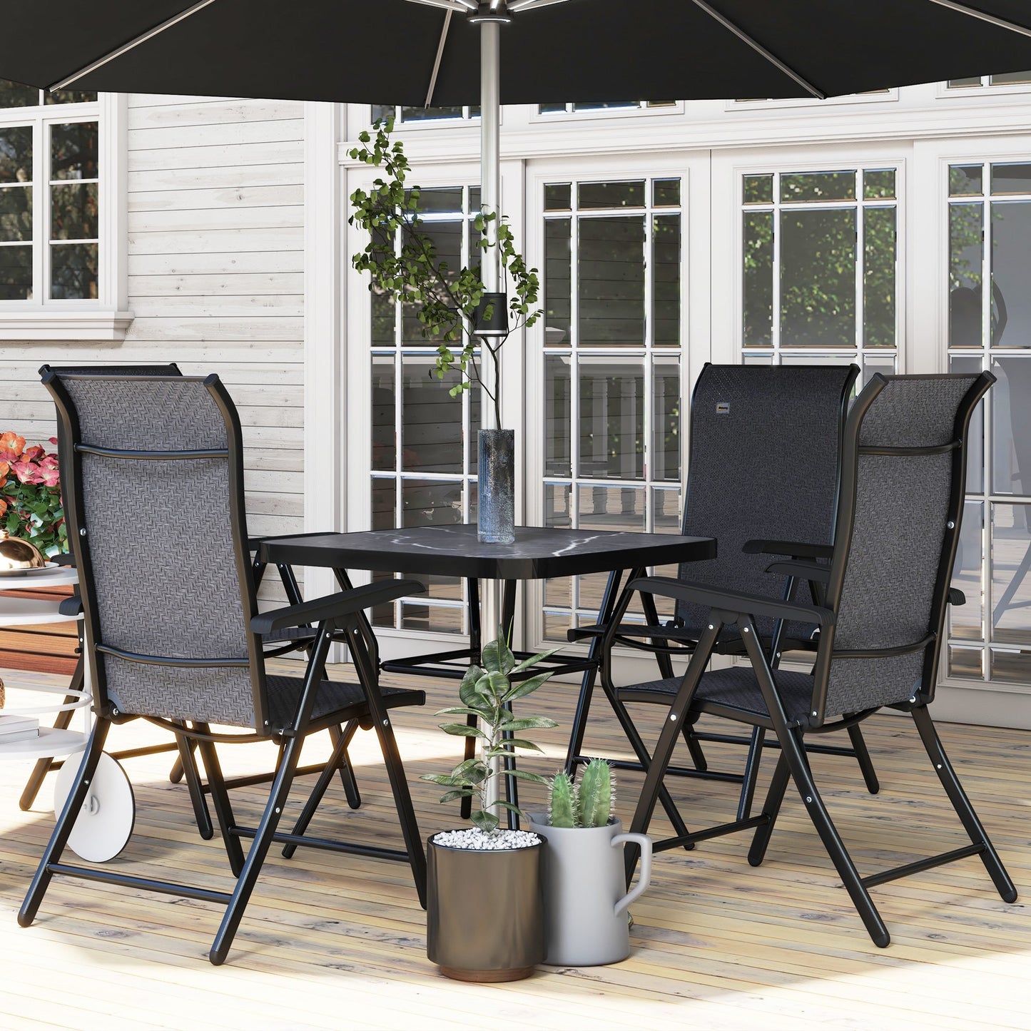 Set of 4 Outdoor Wicker Folding Chairs, Patio PE Rattan Dining Armrests Chair set with 7 Levels Adjustable Backrest, for Outdoors, Camping, Grey