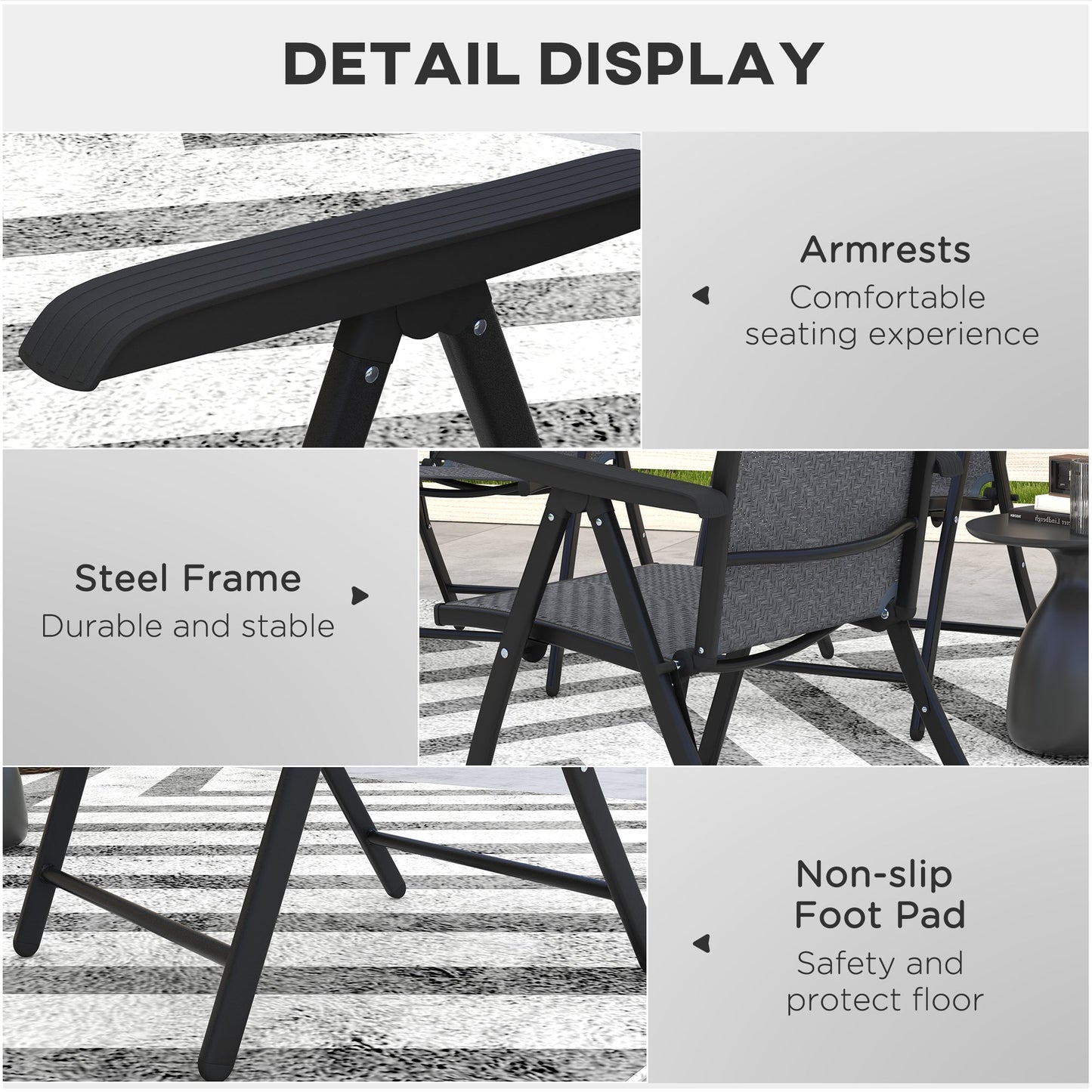 Set of 4 Outdoor Wicker Folding Chairs, Patio PE Rattan Dining Armrests Chair set with 7 Levels Adjustable Backrest, for Outdoors, Camping, Grey