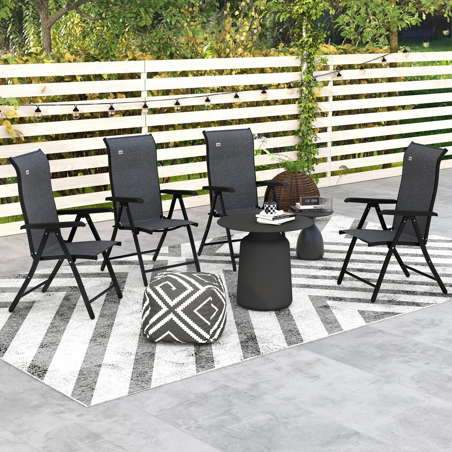 Set of 4 Outdoor Wicker Folding Chairs, Patio PE Rattan Dining Armrests Chair set with 7 Levels Adjustable Backrest, for Outdoors, Camping, Grey