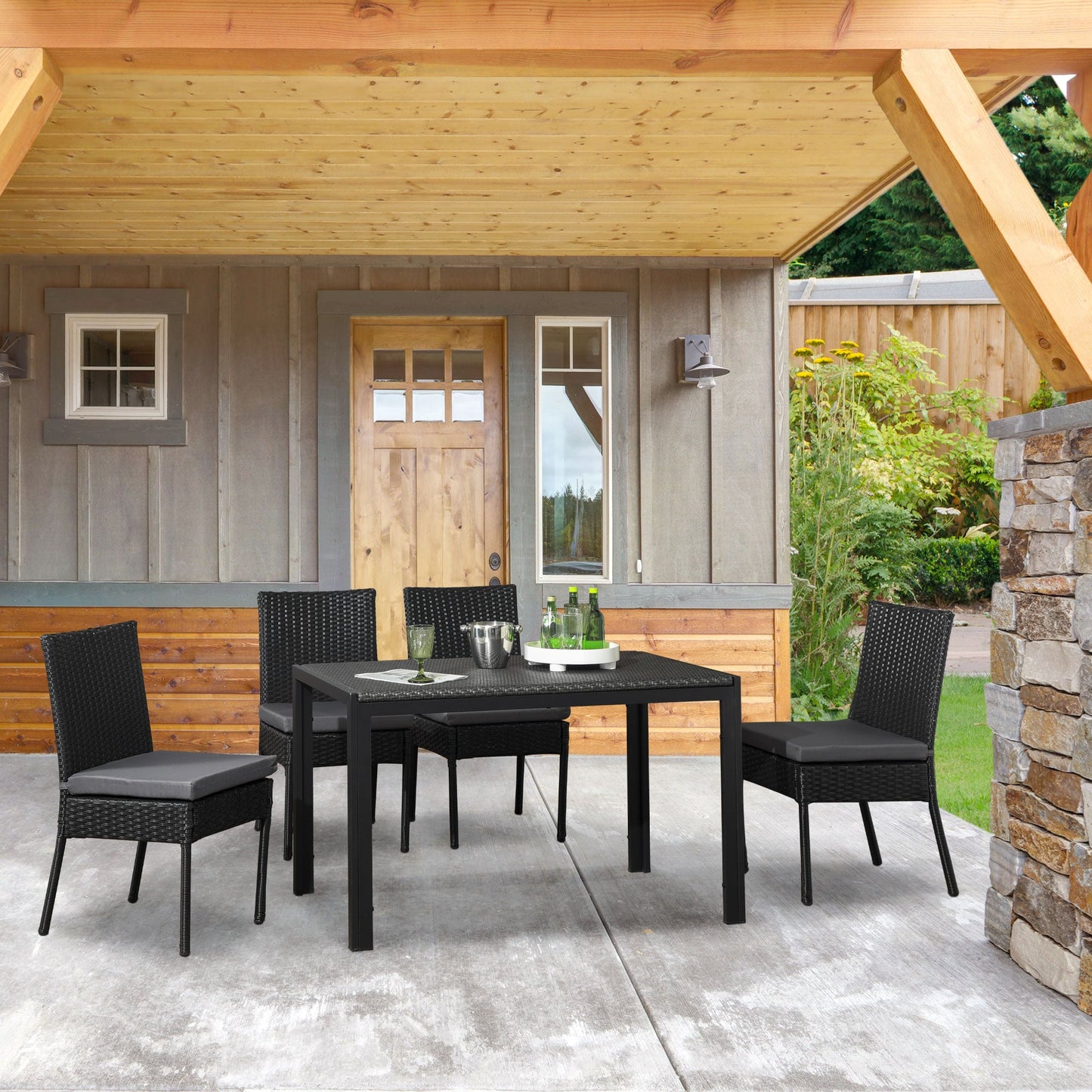 4 Pieces PE Rattan Garden Chairs with Cushion, Patio Wicker Dining Chairs with Backrest for Patio, Deck, Garden, Black