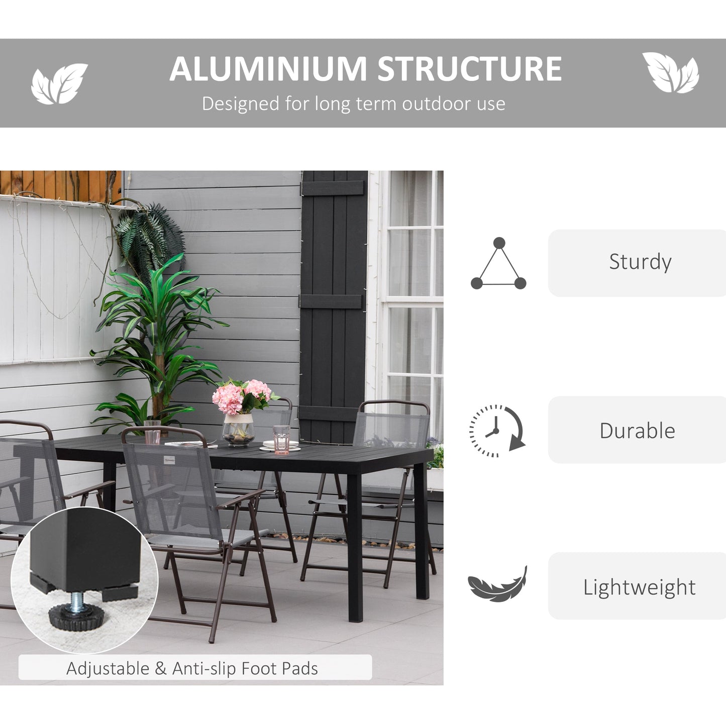 Garden Table for 8 People, Rectangular Aluminium Outdoor Dining Table with All-Weather Faux Wood Top for Garden, Patio, 190 x 90 x 74 cm, Black