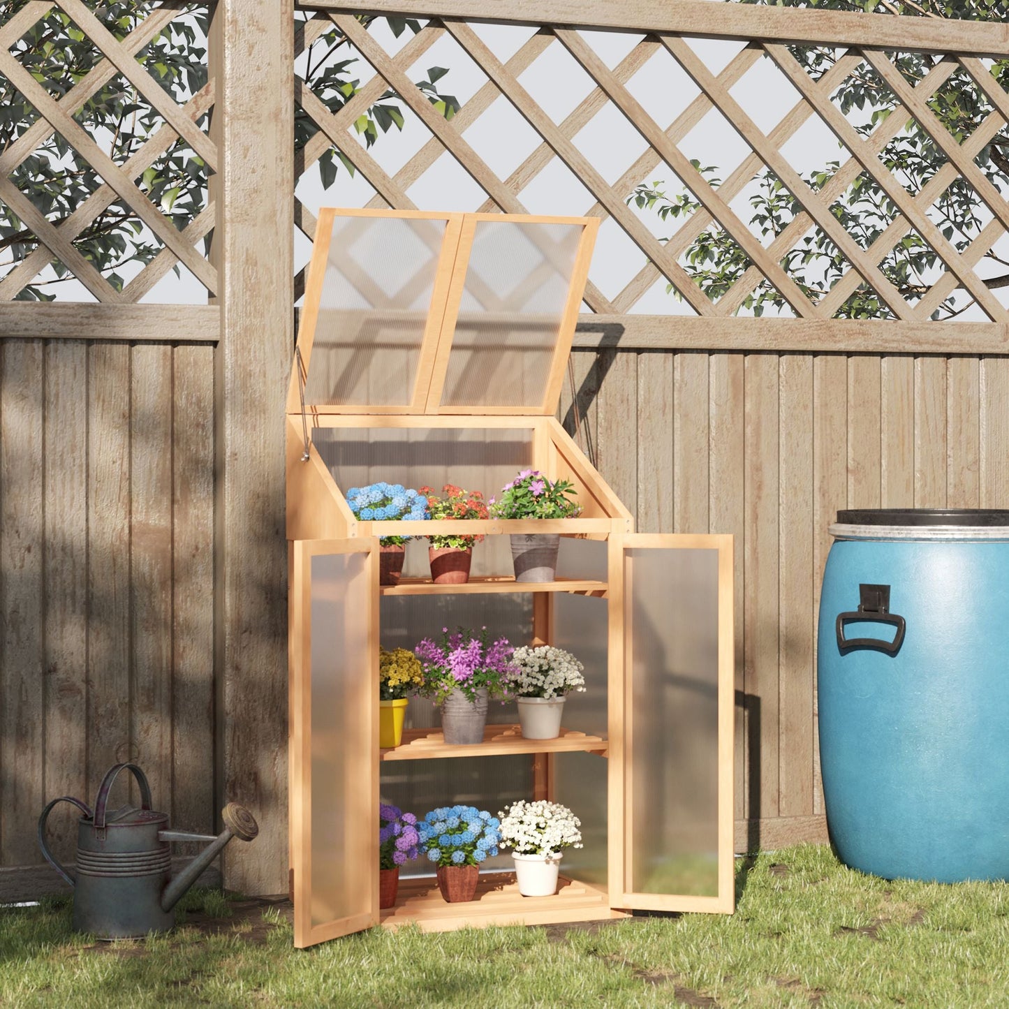 Wooden Cold Frame Polycarbonate Greenhouse with Openable Top Cover and Double Door, Grow House for Flower, Vegetable and Plants, 70 x 50 x 120cm, Grey
