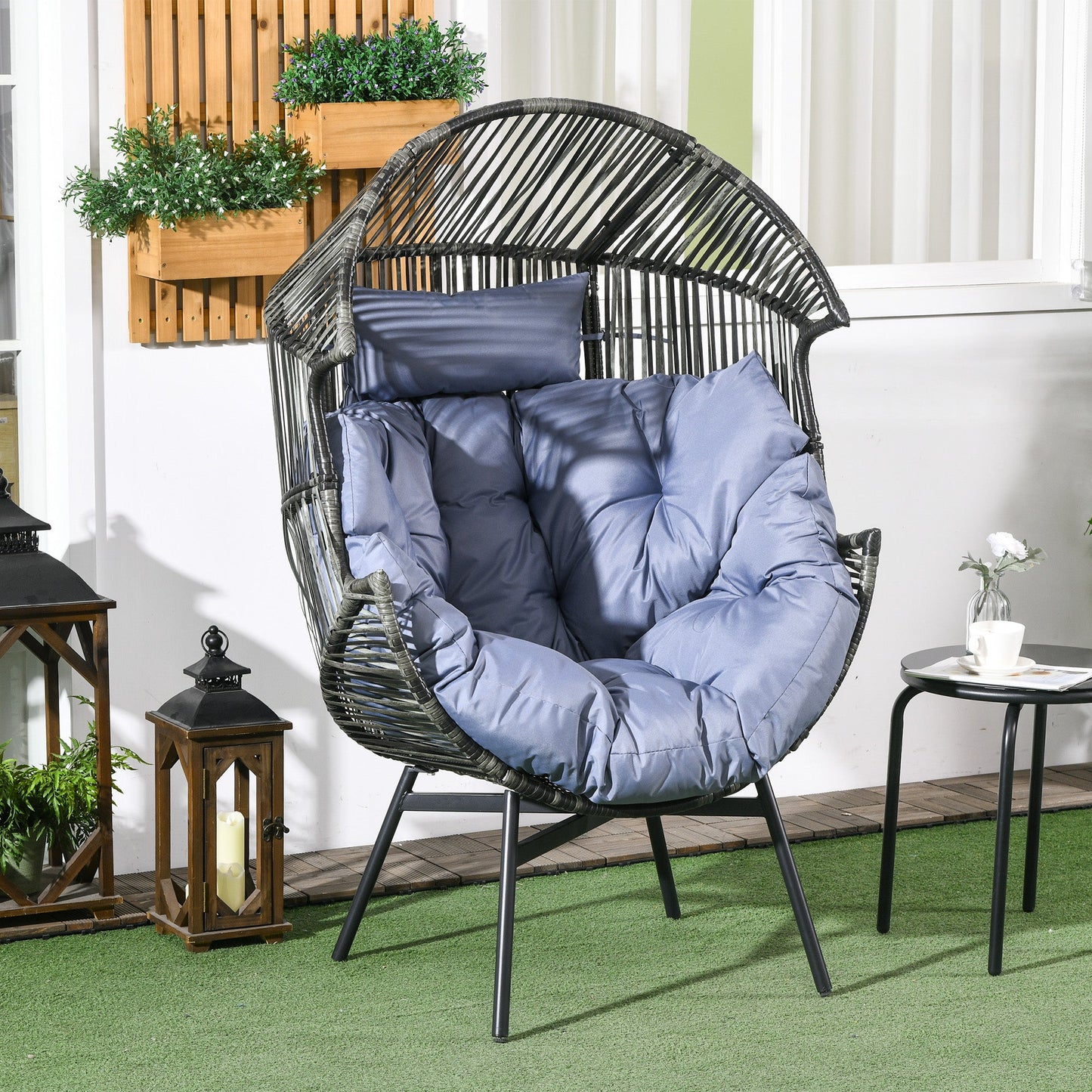 Garden Egg Chair with 14cm Thick Seat Cushion, PE Rattan Leisure Chair with Comfortable Headrest, Adjustable Feet, Steel Frame, Mixed Grey