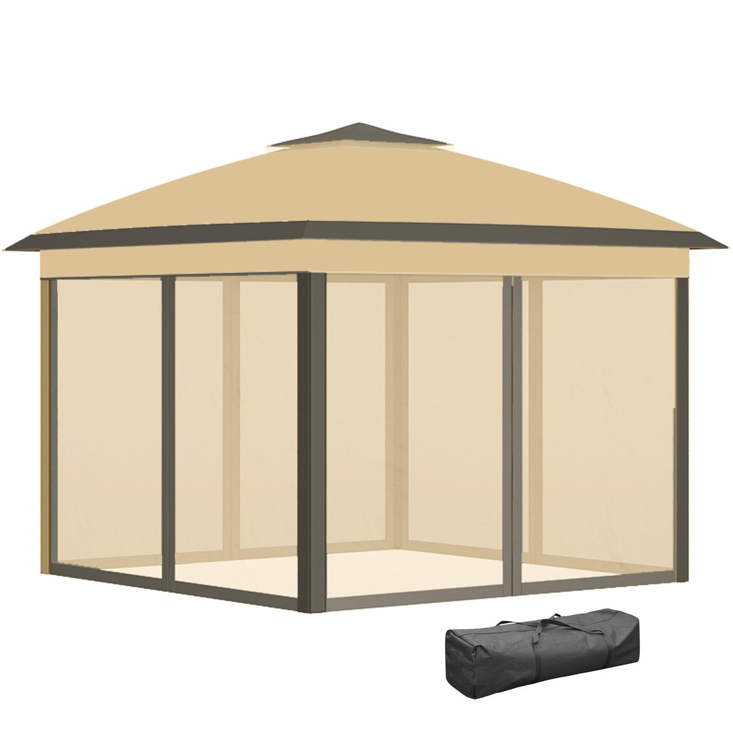 3.3 x 3.3m Pop Up Gazebo, Double Roof Foldable Canopy Tent with Zipped Mesh Sidewalls, Height Adjustable and Carrying Bag, Event Tent for Patio Garden, Beige