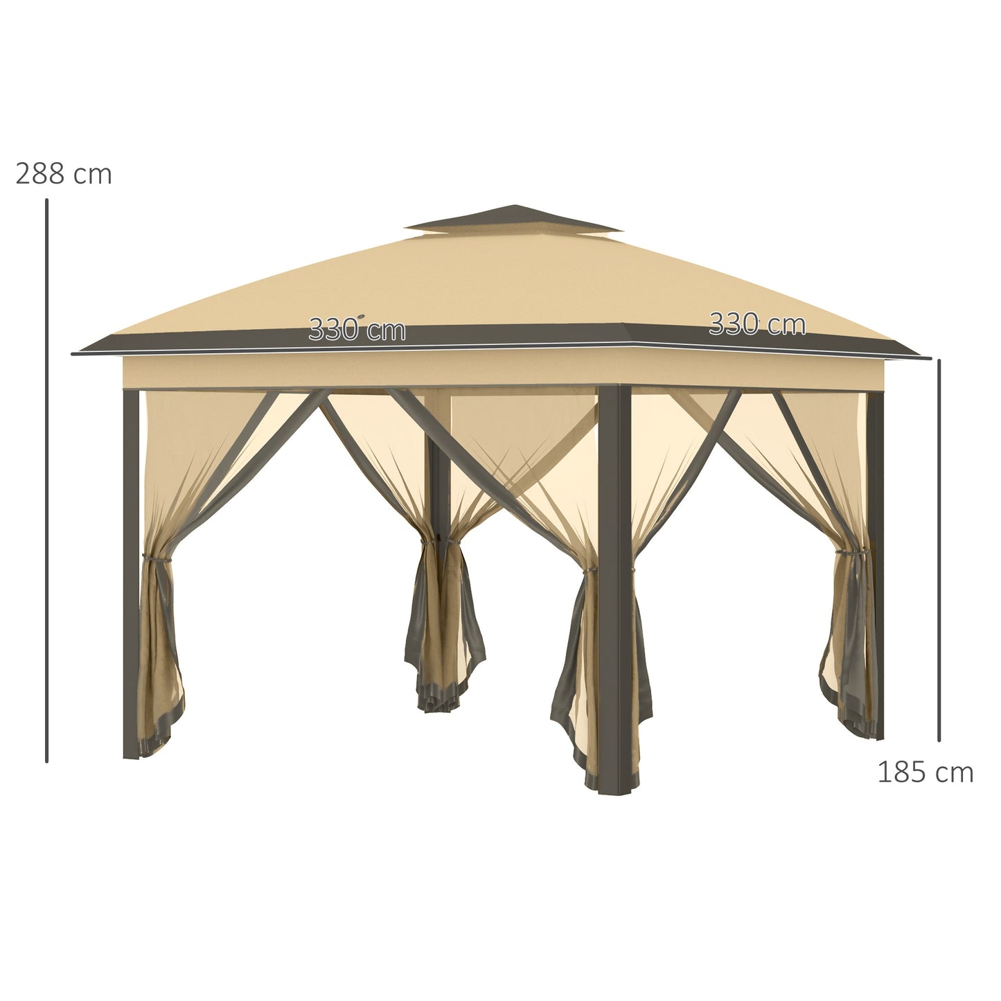 3.3 x 3.3m Pop Up Gazebo, Double Roof Foldable Canopy Tent with Zipped Mesh Sidewalls, Height Adjustable and Carrying Bag, Event Tent for Patio Garden, Beige