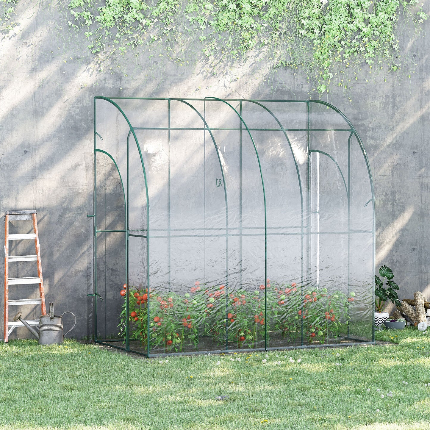 Walk-In Greenhouse, Lean-to Small Greenhouse with Zipped Roll Up Doors, Tomato Greenhouse with Plastic Cover and Sloping Top for Flowers, Vegetables and Herbs, 214cm x 118cm x 212cm, Clear