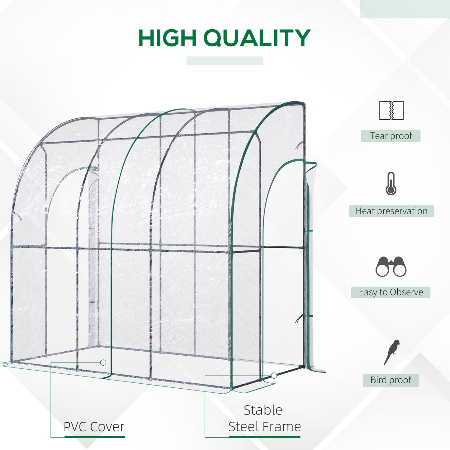 Walk-In Greenhouse, Lean-to Small Greenhouse with Zipped Roll Up Doors, Tomato Greenhouse with Plastic Cover and Sloping Top for Flowers, Vegetables and Herbs, 214cm x 118cm x 212cm, Clear