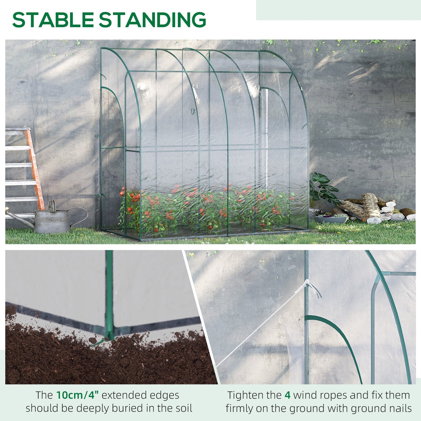 Walk-In Greenhouse, Lean-to Small Greenhouse with Zipped Roll Up Doors, Tomato Greenhouse with Plastic Cover and Sloping Top for Flowers, Vegetables and Herbs, 214cm x 118cm x 212cm, Clear