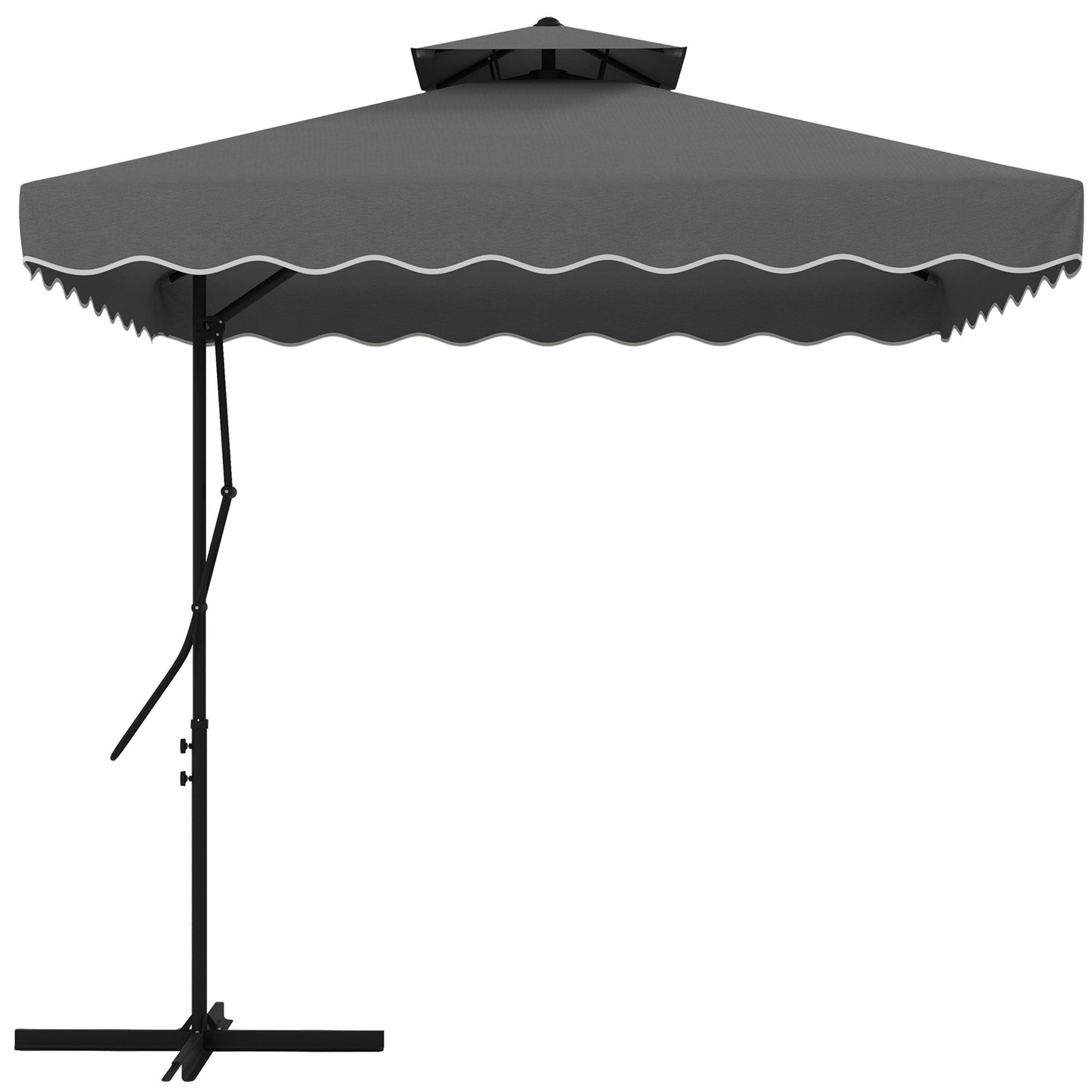 2.5m Cantilever Parasol with Easy Lever, Square Double Top Garden Parasol Umbrella with Ruffles and Cross Base, Overhanging Outdoor Sun Shades, Dark Grey