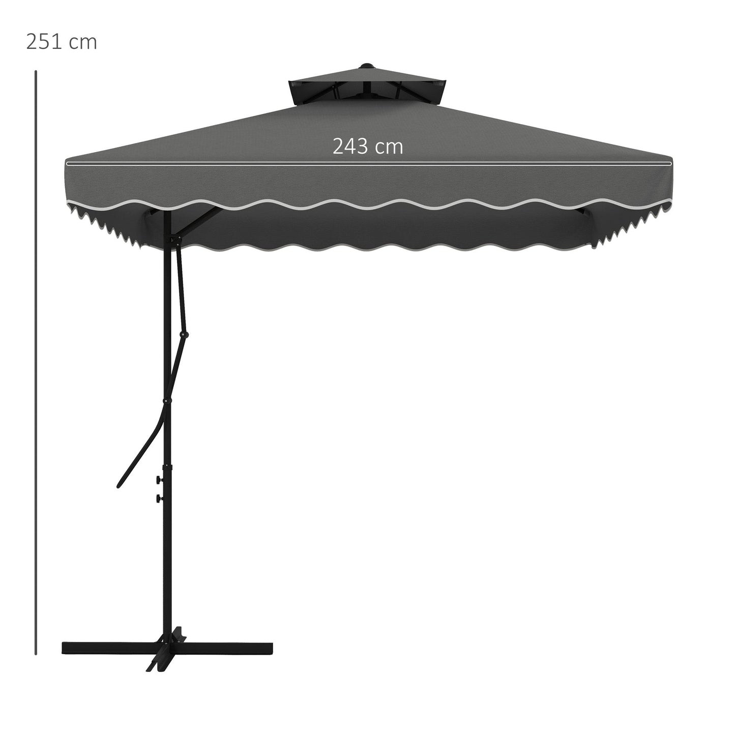 2.5m Cantilever Parasol with Easy Lever, Square Double Top Garden Parasol Umbrella with Ruffles and Cross Base, Overhanging Outdoor Sun Shades, Dark Grey