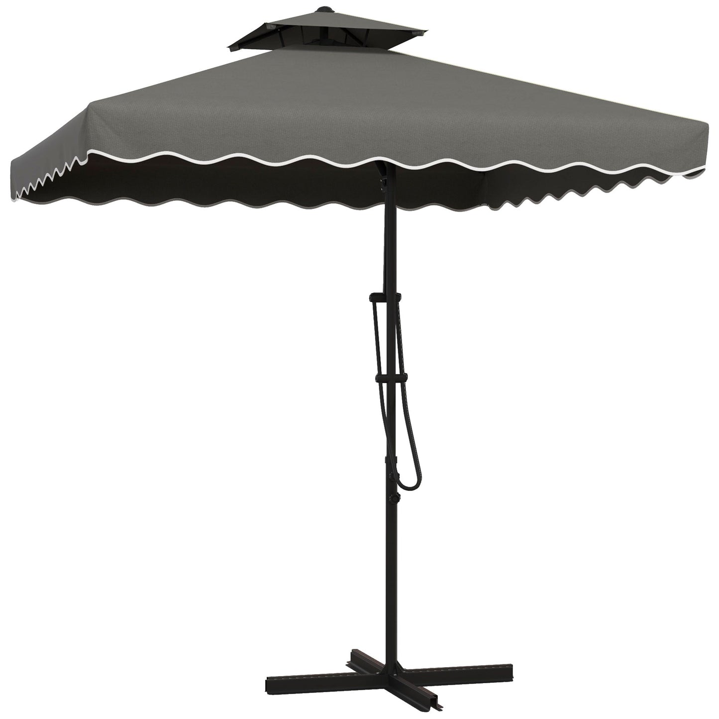 2.5m Cantilever Parasol with Easy Lever, Square Double Top Garden Parasol Umbrella with Ruffles and Cross Base, Overhanging Outdoor Sun Shades, Dark Grey