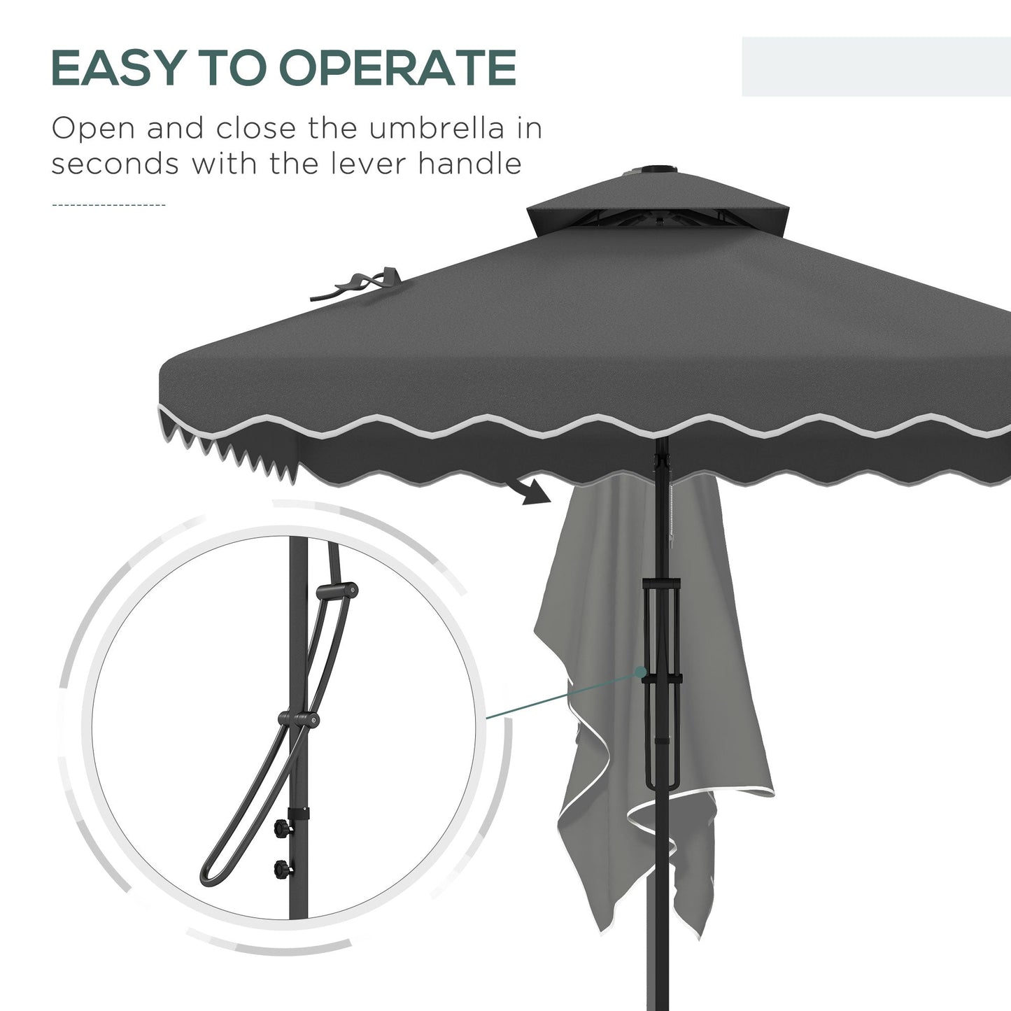 2.5m Cantilever Parasol with Easy Lever, Square Double Top Garden Parasol Umbrella with Ruffles and Cross Base, Overhanging Outdoor Sun Shades, Dark Grey
