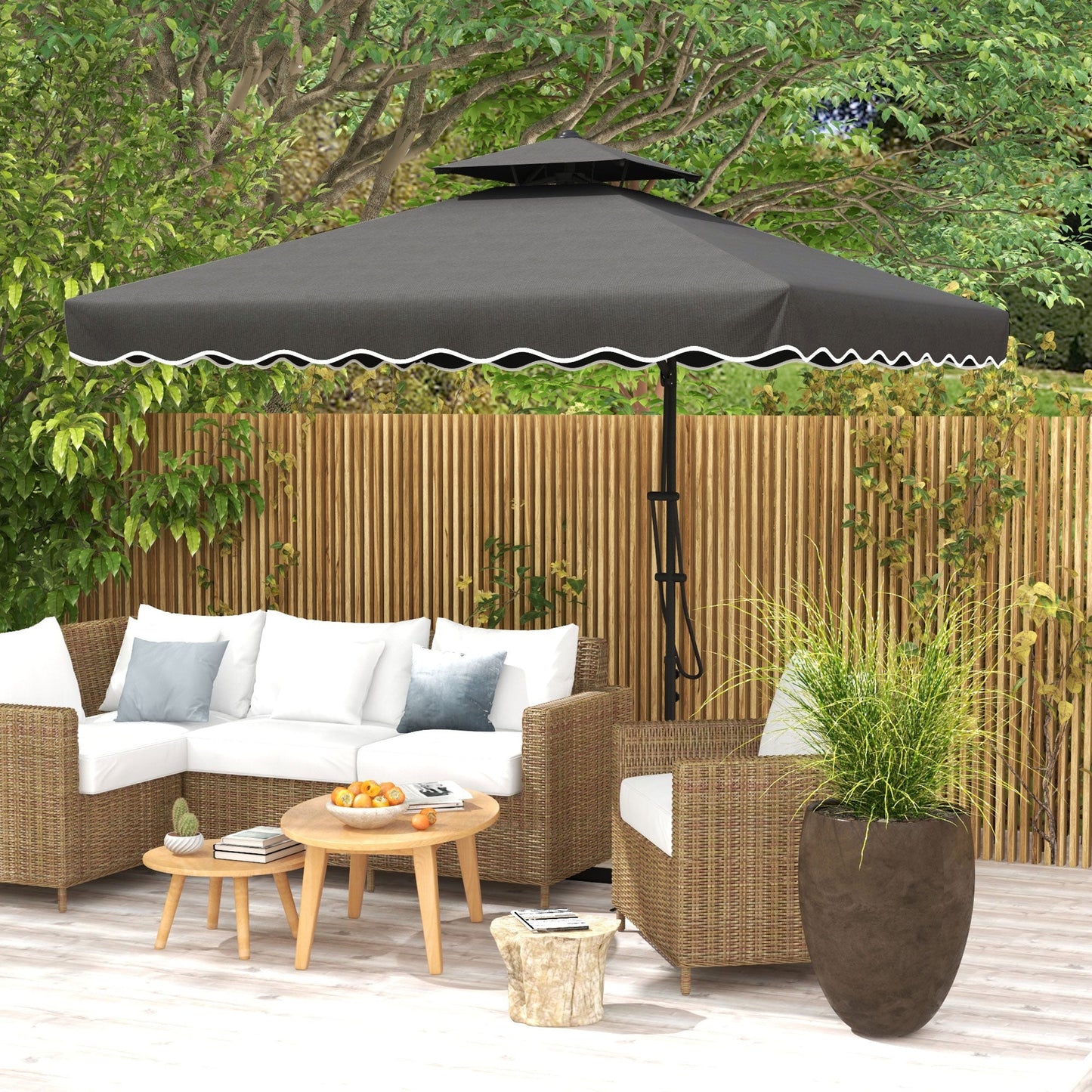 2.5m Cantilever Parasol with Easy Lever, Square Double Top Garden Parasol Umbrella with Ruffles and Cross Base, Overhanging Outdoor Sun Shades, Dark Grey
