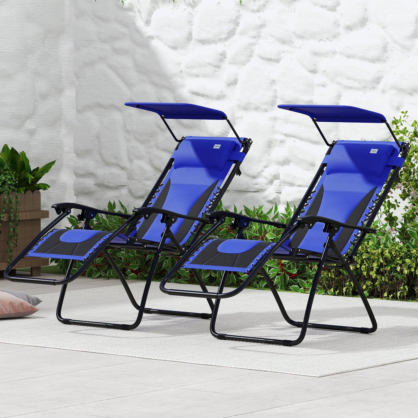Zero Gravity Lounger Chair Set of 2, Folding Reclining Patio Chair with Shade Cover, Cup Holder, Soft Cushion and Headrest for Poolside, Camping, Blue