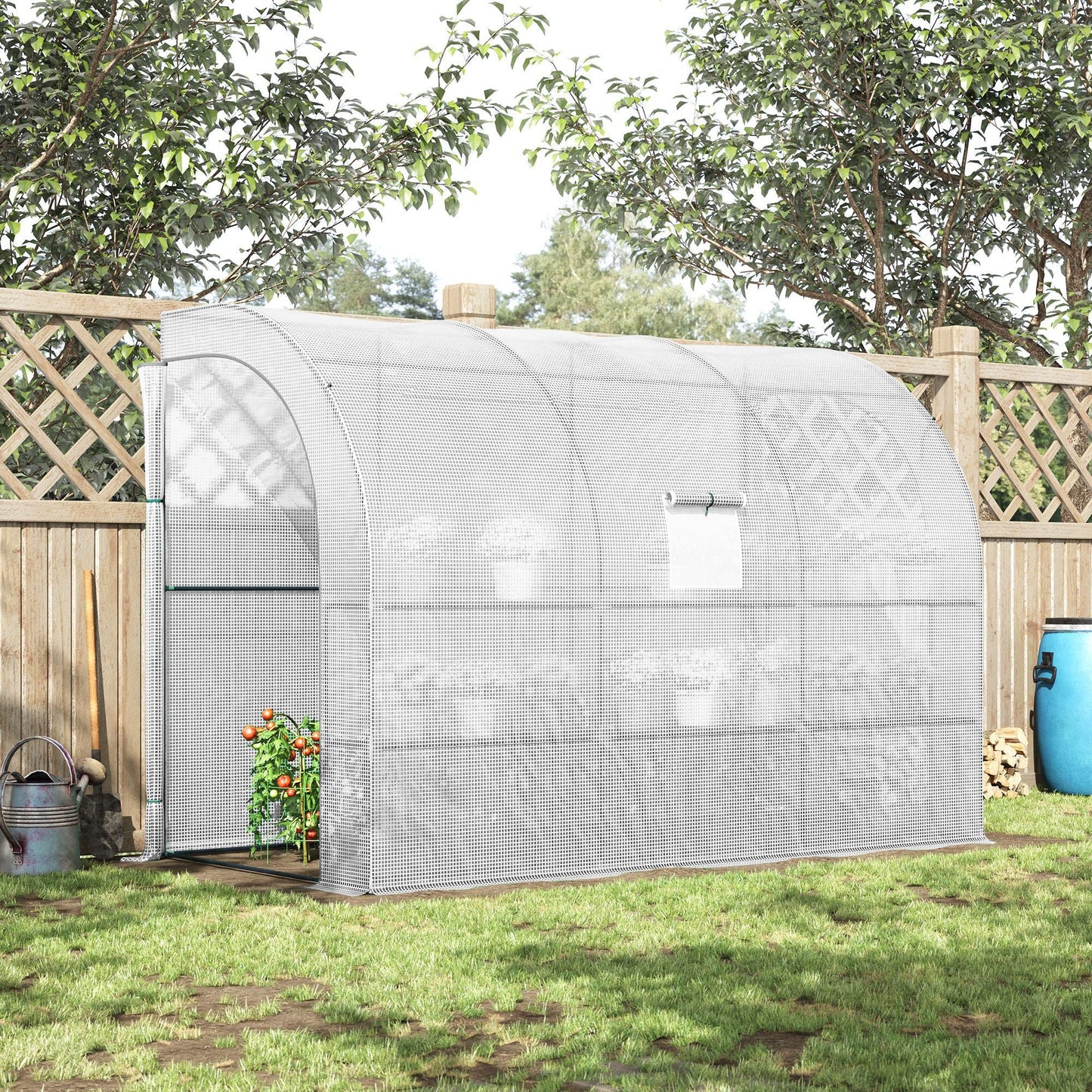Outdoor Walk-In Greenhouse, Plant Nursery with Zippered Doors, PE Cover and 3-Tier Shelves, White, 300 x 150 x 213 cm