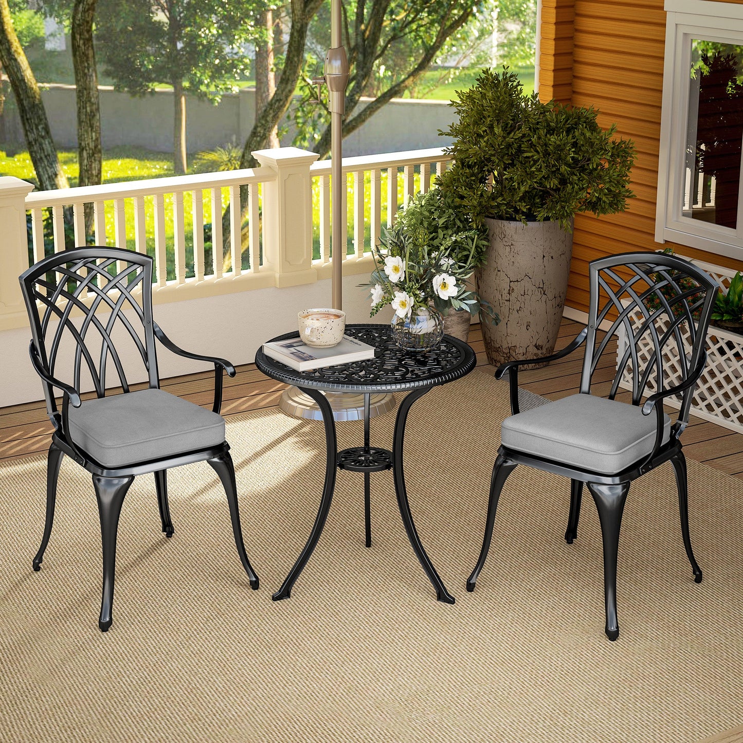 3 Piece Cast Aluminium Garden Bistro Set for 2, Outdoor Coffee Table Set Rust Resistant with Parasol Hole, Cushions, Patio Table and Chairs for Garden, Balcony, Black