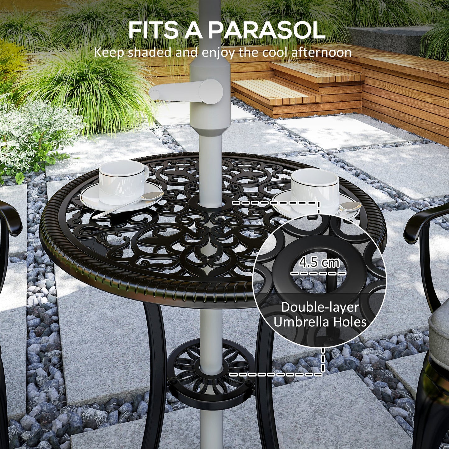 3 Piece Cast Aluminium Garden Bistro Set for 2, Outdoor Coffee Table Set Rust Resistant with Parasol Hole, Cushions, Patio Table and Chairs for Garden, Balcony, Black