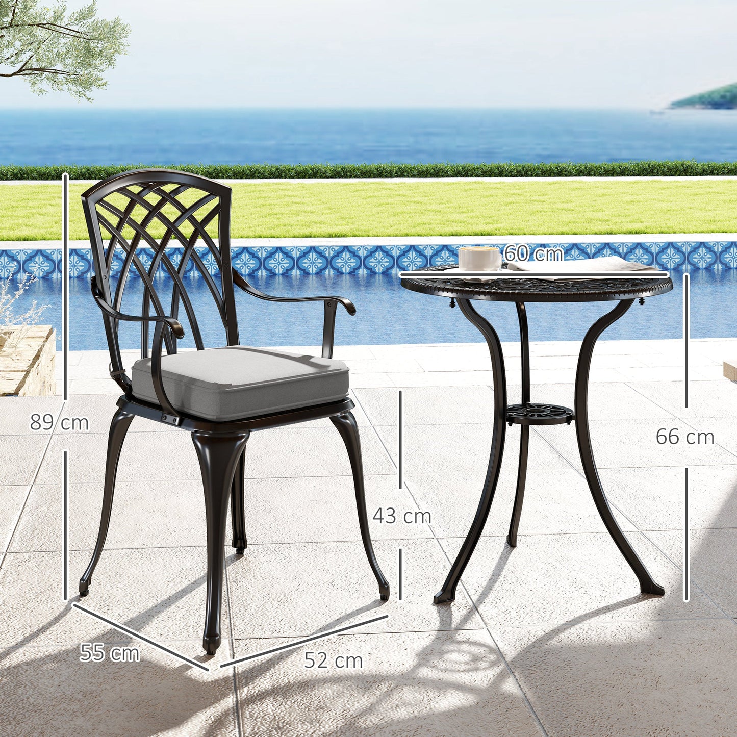 3 Piece Cast Aluminium Garden Bistro Set for 2, Outdoor Coffee Table Set Rust Resistant with Parasol Hole, Cushions, Patio Table and Chairs for Garden, Balcony, Black