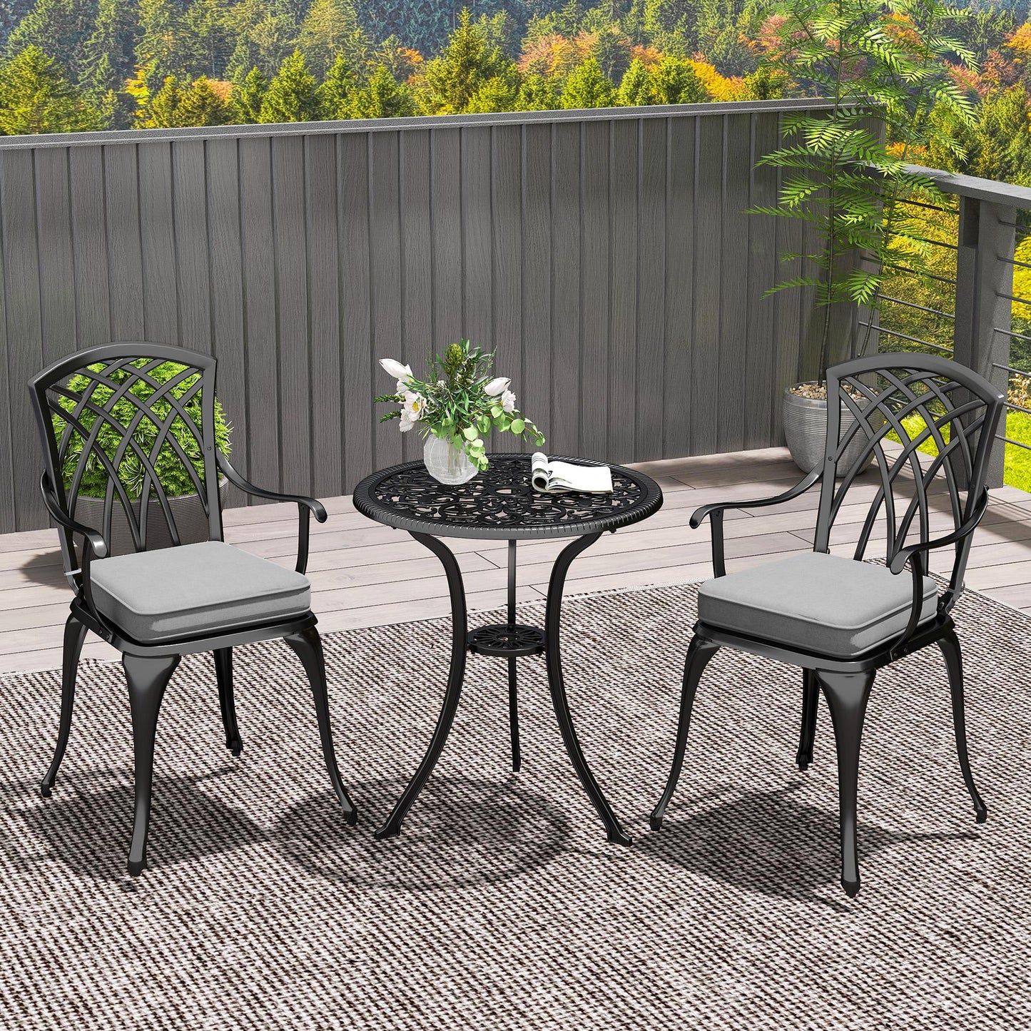 3 Piece Cast Aluminium Garden Bistro Set for 2, Outdoor Coffee Table Set Rust Resistant with Parasol Hole, Cushions, Patio Table and Chairs for Garden, Balcony, Black