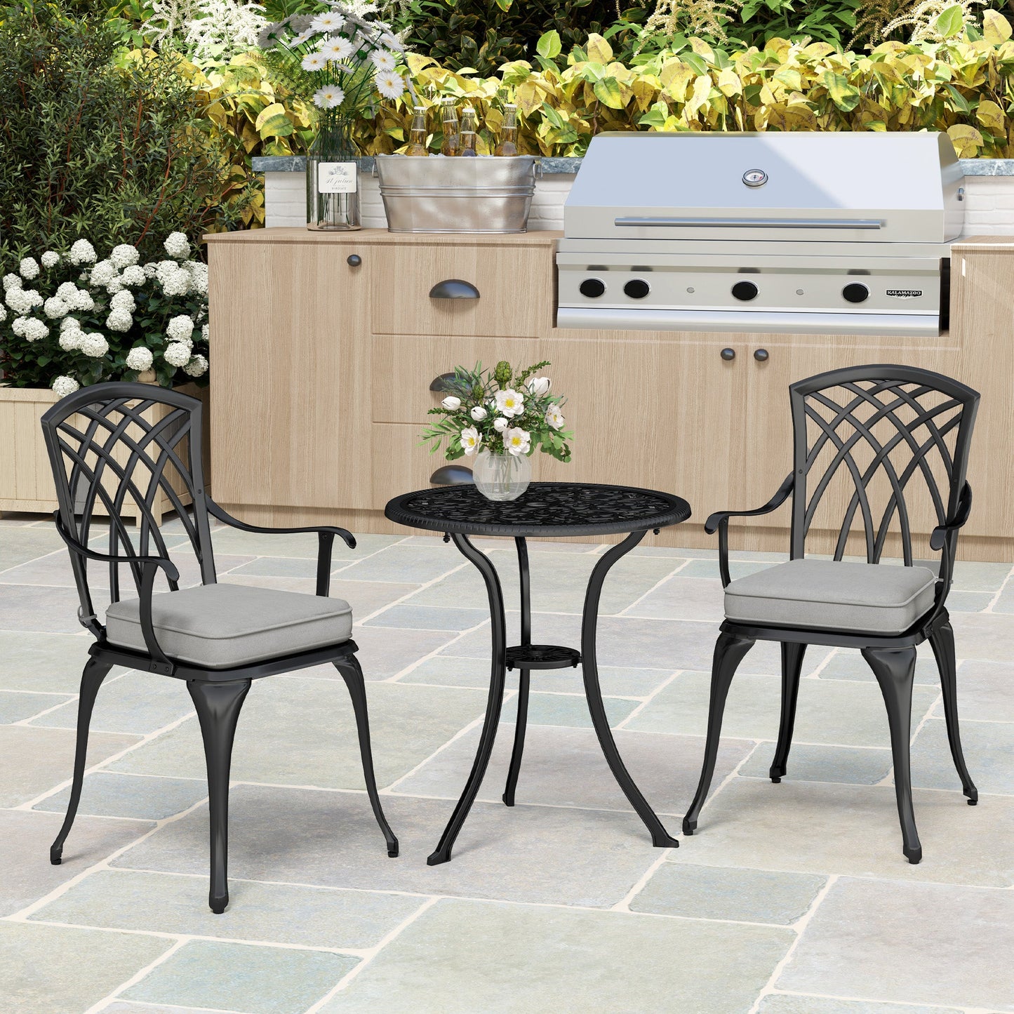 3 Piece Cast Aluminium Garden Bistro Set for 2, Outdoor Coffee Table Set Rust Resistant with Parasol Hole, Cushions, Patio Table and Chairs for Garden, Balcony, Black