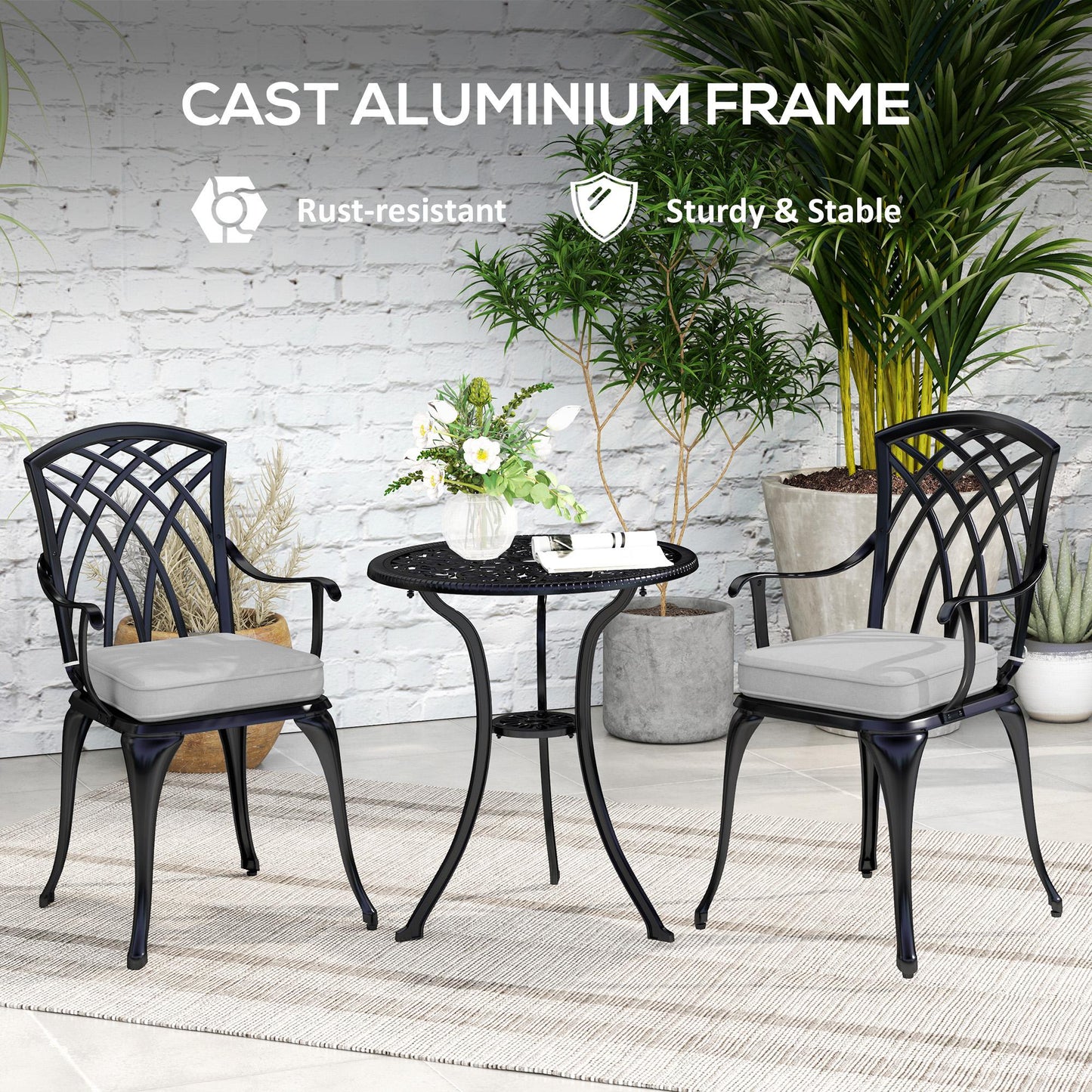 3 Piece Cast Aluminium Garden Bistro Set for 2, Outdoor Coffee Table Set Rust Resistant with Parasol Hole, Cushions, Patio Table and Chairs for Garden, Balcony, Black