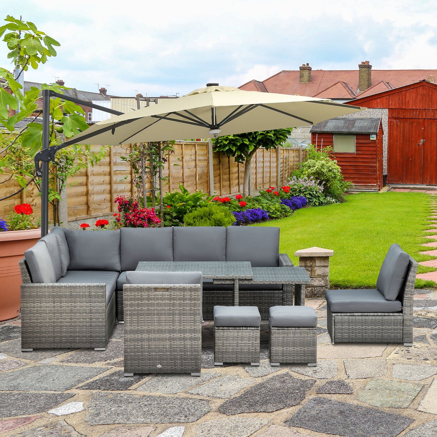 10 Seater Rattan Dining Set with Expandable Table and Nesting Chairs, Rattan Garden Furniture Set with Cushions, Outdoor Dining Table and Chairs, Sectional Corner Sofa Set, Grey