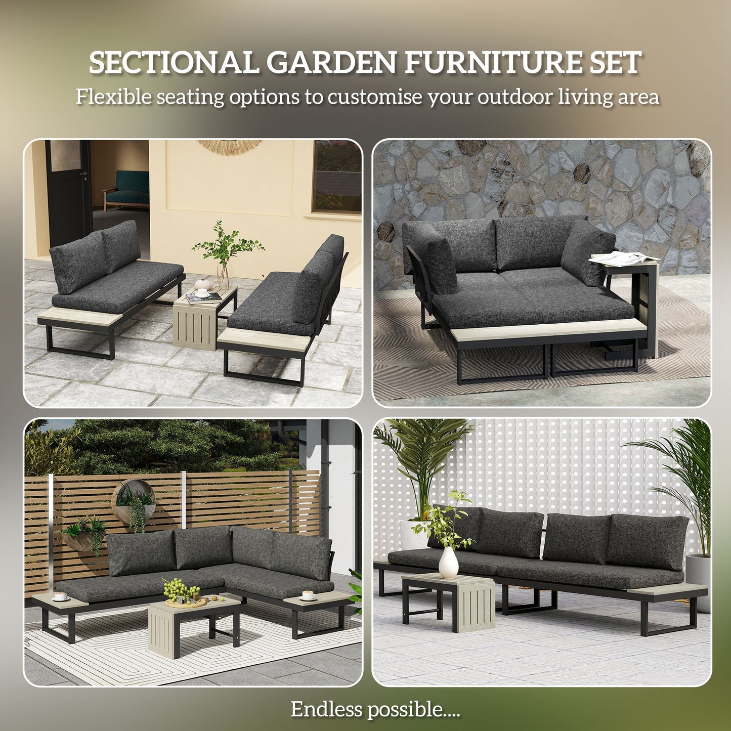 4 Seater Corner Garden Furniture Set with 2 Loveseats, WPC Coffee Table, L Shaped Aluminium Sectional Outdoor Sofa Set with Removable Backs, Thick Cushions, Charcoal Grey