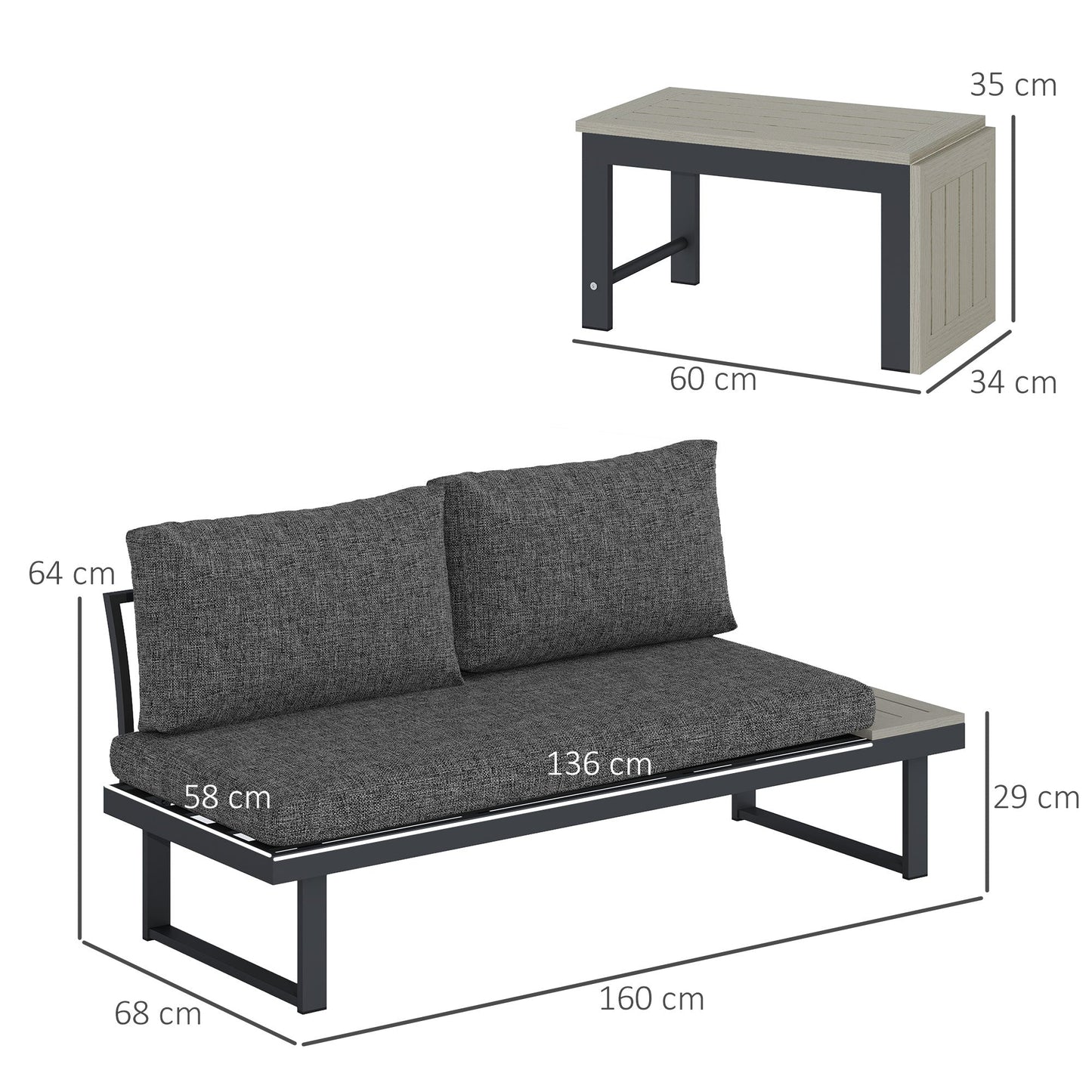 4 Seater Corner Garden Furniture Set with 2 Loveseats, WPC Coffee Table, L Shaped Aluminium Sectional Outdoor Sofa Set with Removable Backs, Thick Cushions, Charcoal Grey