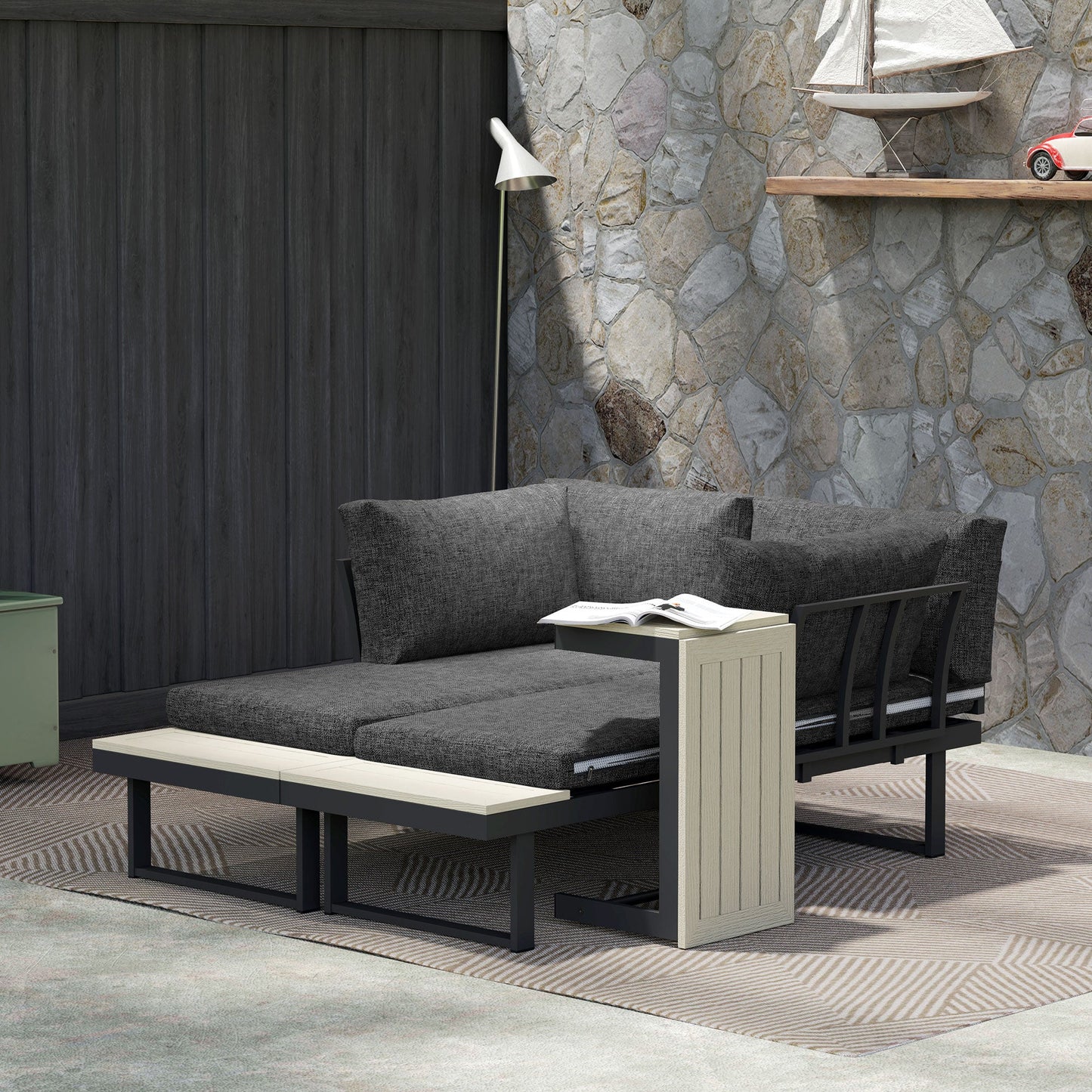 4 Seater Corner Garden Furniture Set with 2 Loveseats, WPC Coffee Table, L Shaped Aluminium Sectional Outdoor Sofa Set with Removable Backs, Thick Cushions, Charcoal Grey