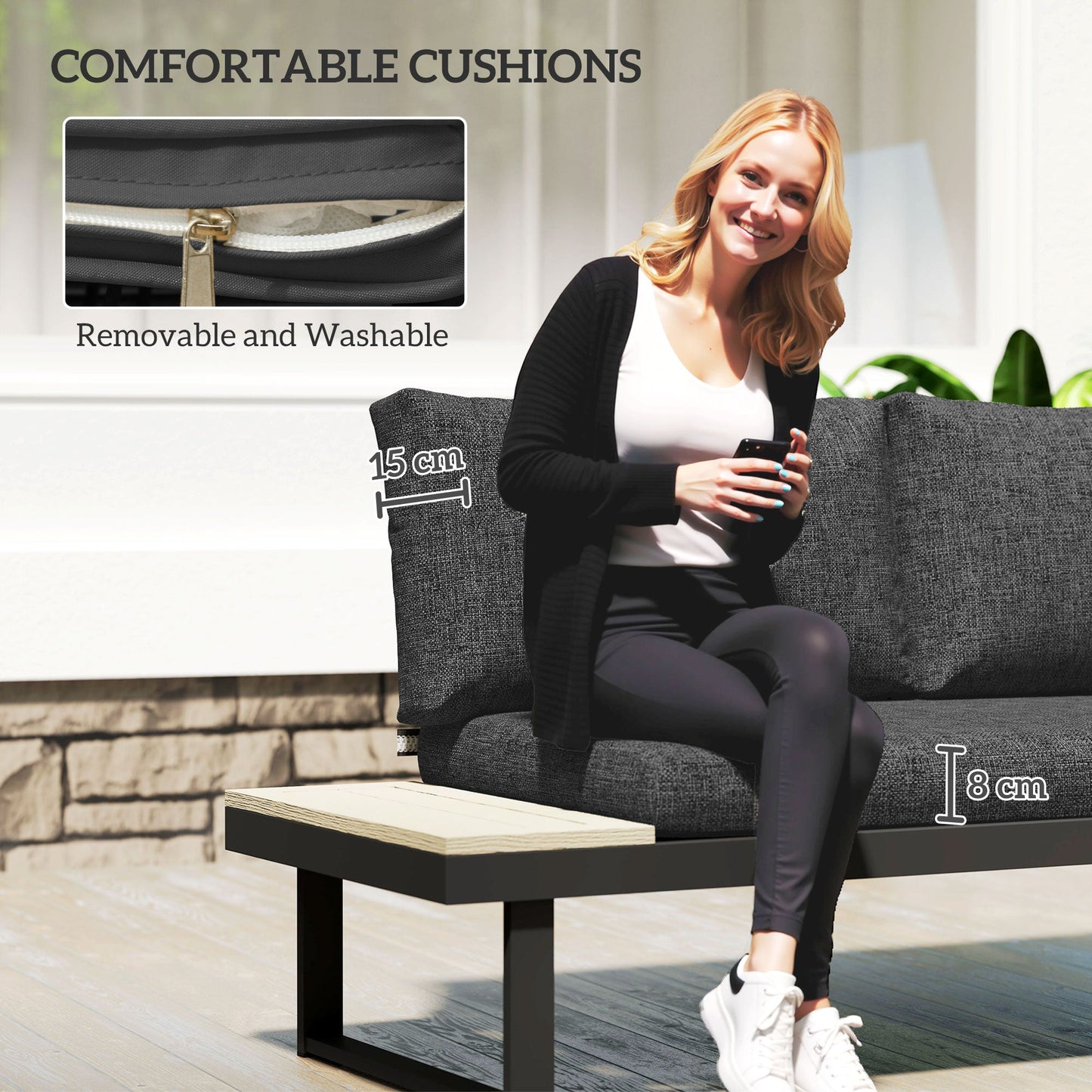 4 Seater Corner Garden Furniture Set with 2 Loveseats, WPC Coffee Table, L Shaped Aluminium Sectional Outdoor Sofa Set with Removable Backs, Thick Cushions, Charcoal Grey