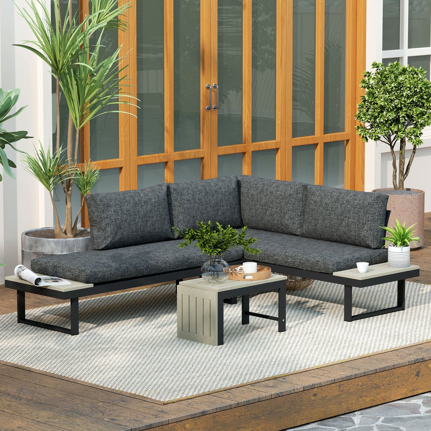 4 Seater Corner Garden Furniture Set with 2 Loveseats, WPC Coffee Table, L Shaped Aluminium Sectional Outdoor Sofa Set with Removable Backs, Thick Cushions, Charcoal Grey