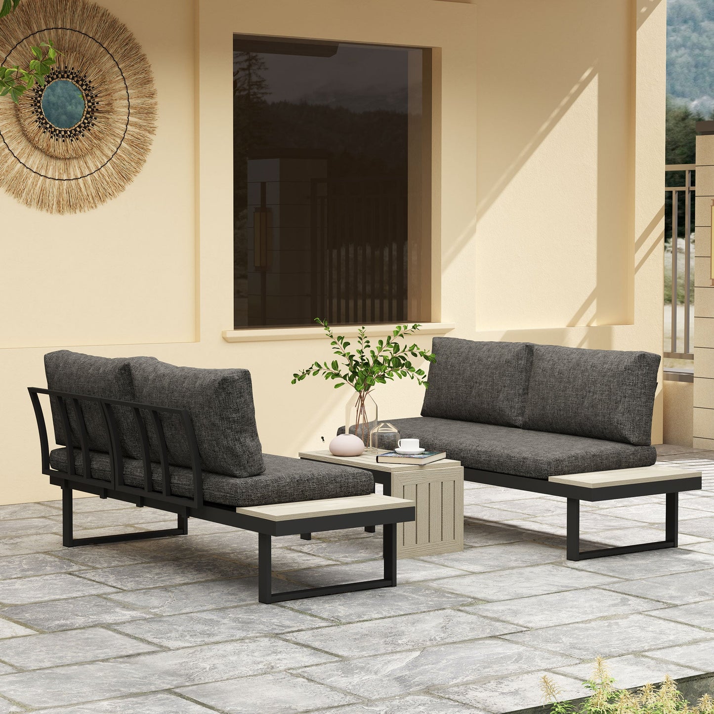 4 Seater Corner Garden Furniture Set with 2 Loveseats, WPC Coffee Table, L Shaped Aluminium Sectional Outdoor Sofa Set with Removable Backs, Thick Cushions, Charcoal Grey