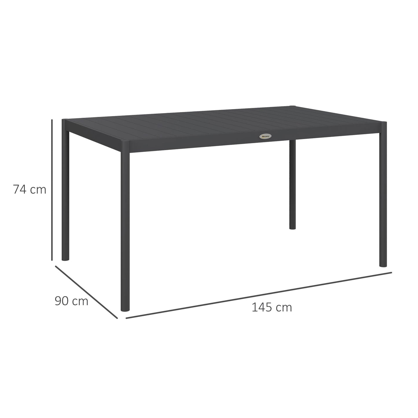 145cm Garden Table, Rectangle Outdoor Dining Table for 6 People, with Slatted Aluminium Top and Steel Legs, for Lawn, Balcony, Dark Grey