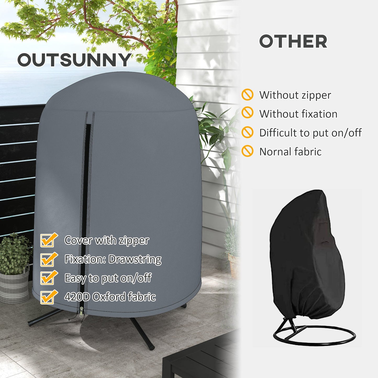 Hanging Egg Chair Cover, Outdoor Single Swing Chair Cover, Waterproof Anti-dust Furniture Protector with Zipper, 420D Oxford Fabric for Φ128 x 190H cm Stand, Grey